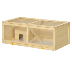 Wooden Hamster Cage with Sliding Tray, Openable Top, Hut for Syrian Hamster, Natural Wood Finish