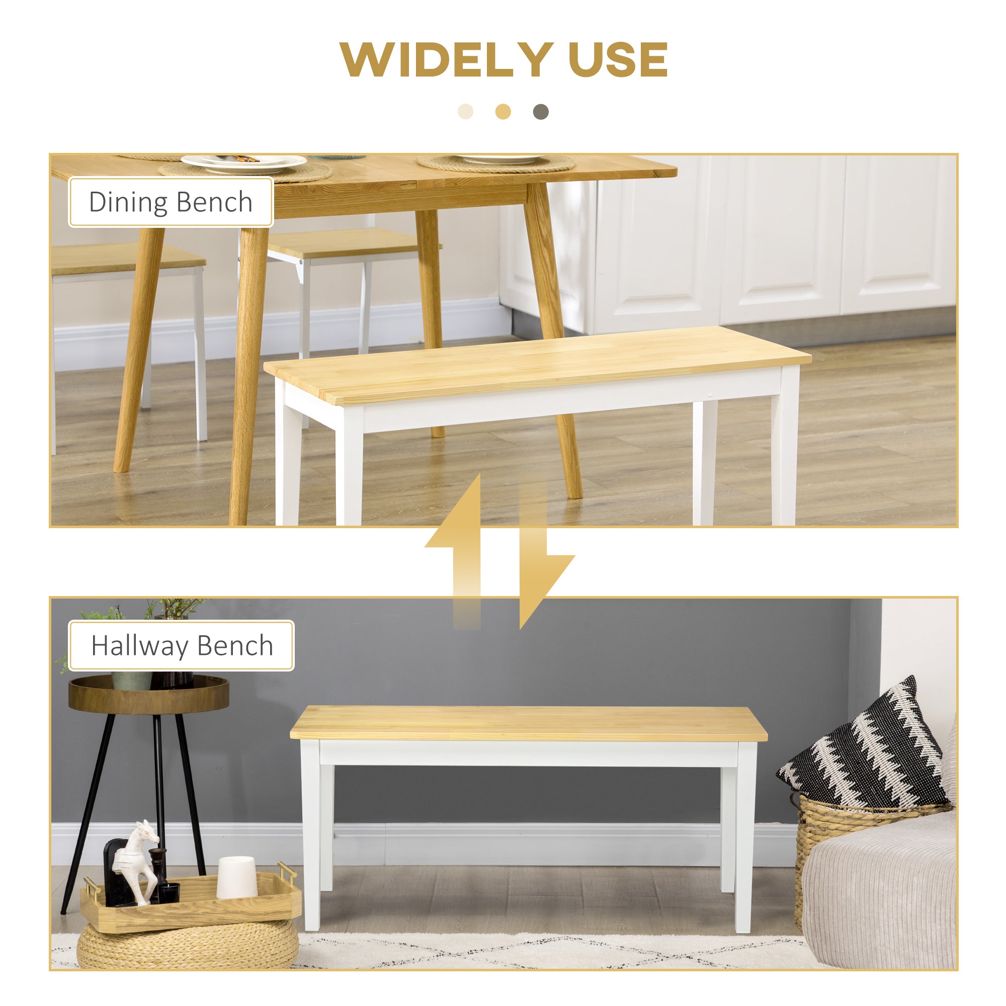 102 cm Wood Dining Bench for 2 People, Wooden Bench for Kitchen, Dining Room, Entryway, White