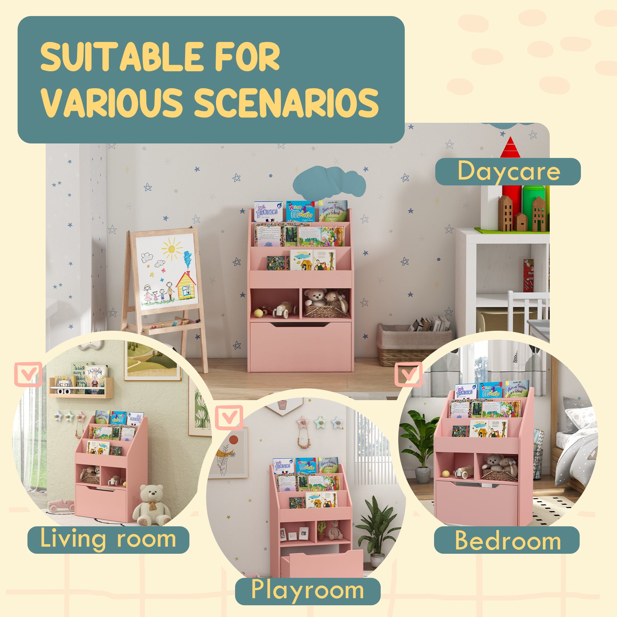 Kids Bookshelf, Toy Organiser, with Storage Drawer, Wheels - Pink