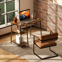 100cm Computer Desk with Storage, Industrial Home Office Desk with 2 Tier Shelves and Steel Frame, Computer Table for Study Room, Rustic Brown