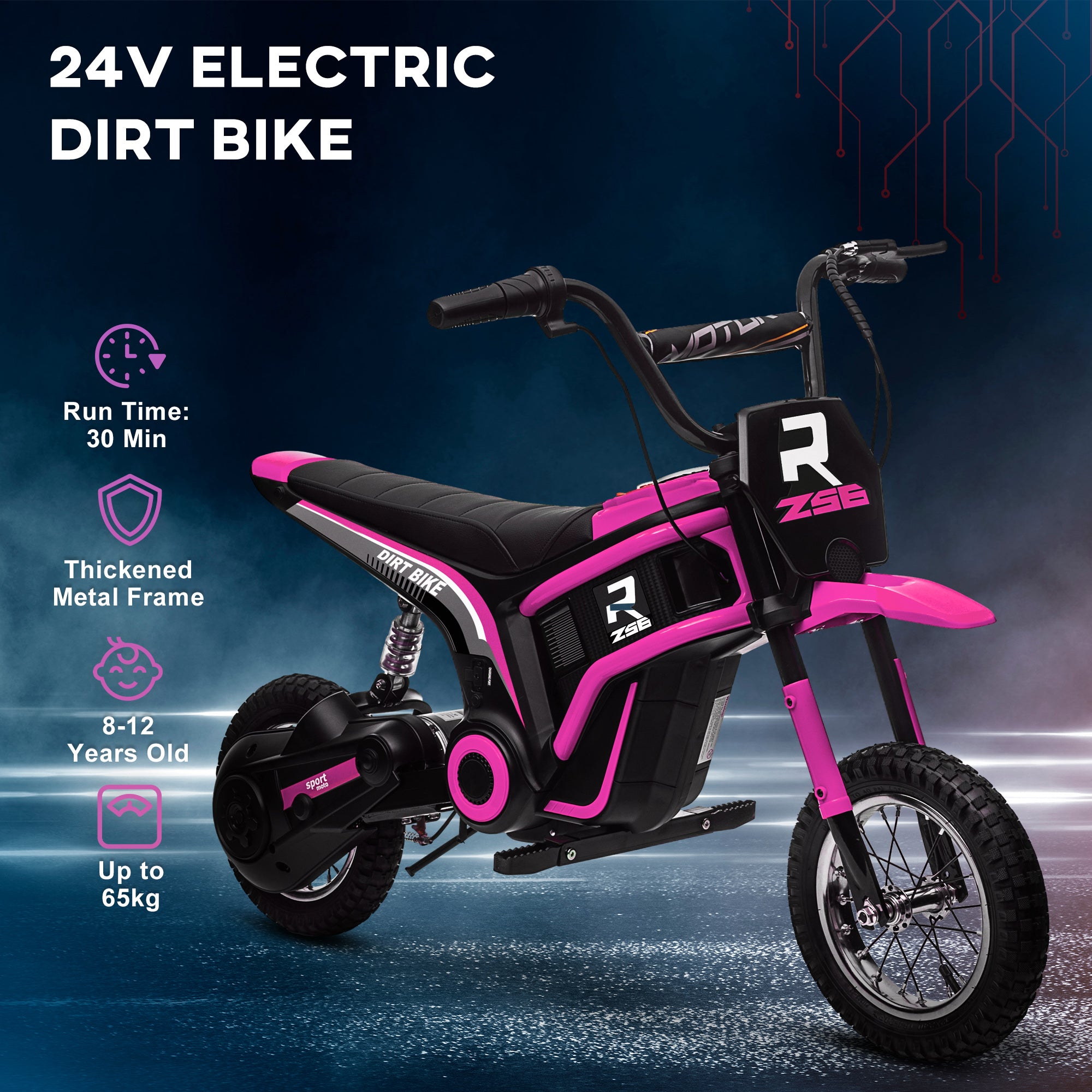 24V Electric Motorbike with Twist Grip Throttle, Music, Horn, 12" Pneumatic Tyres, 16km/h Max Speed - Pink