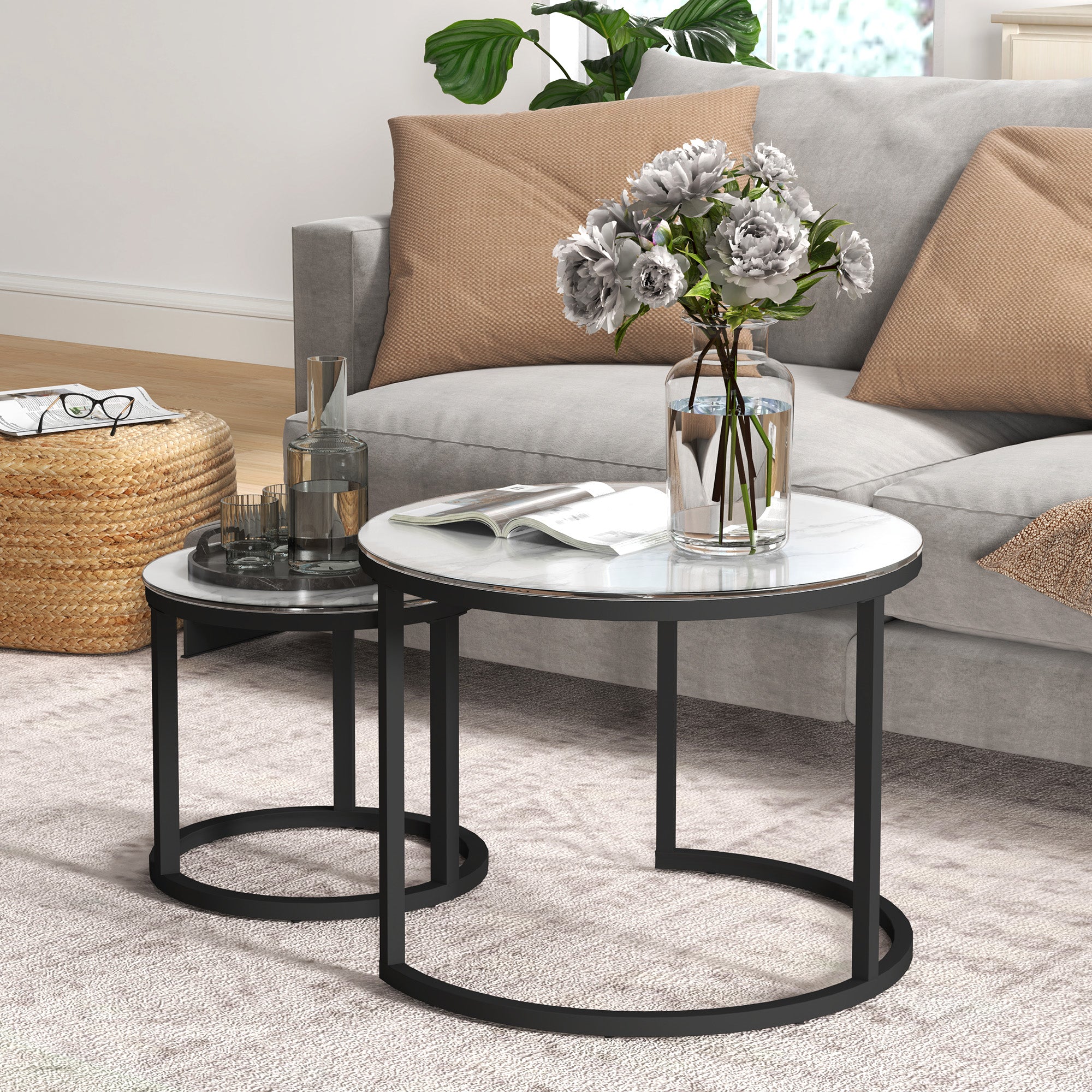 Glass Coffee Table Set of 2, Round Nest of Tables with Marble-Effect Tempered Glass Tabletop and Steel Frame, Modern Side Tables for Living Room, White