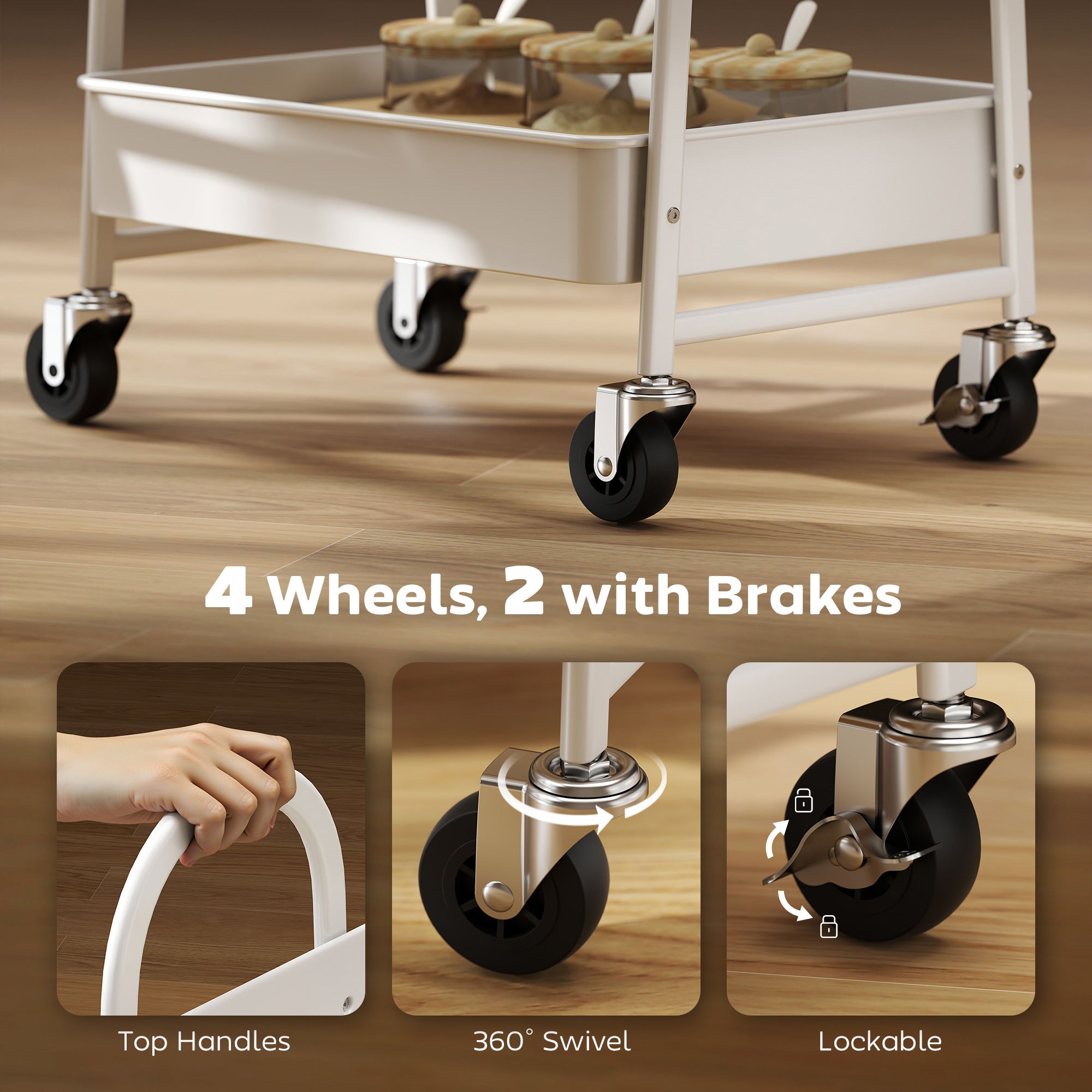 Fynco - 3-Tier Kitchen Storage Trolley with on Wheels Cover Top Board - White and Oak