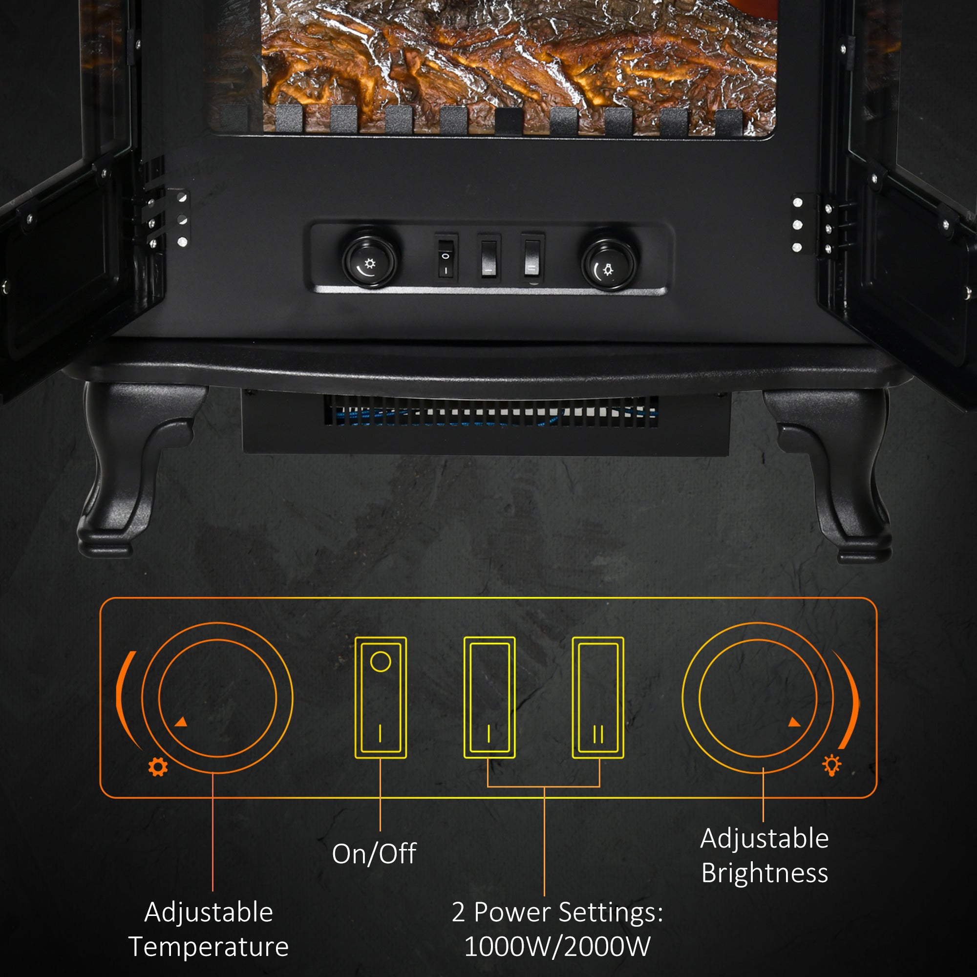 Fynco - Electric Fireplace Stove Heater with LED Fire Flame Effect, Double Door, Freestanding & Portable with Overheat Protection, 1000W/2000W, Black