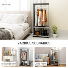 Open Wardrobe on Wheels, Bedroom Wardrobe with Clothes Hanging Rail, 2 Storage Shelves, Mobile Garment Rack for Cloakroom, Hallway, Grey