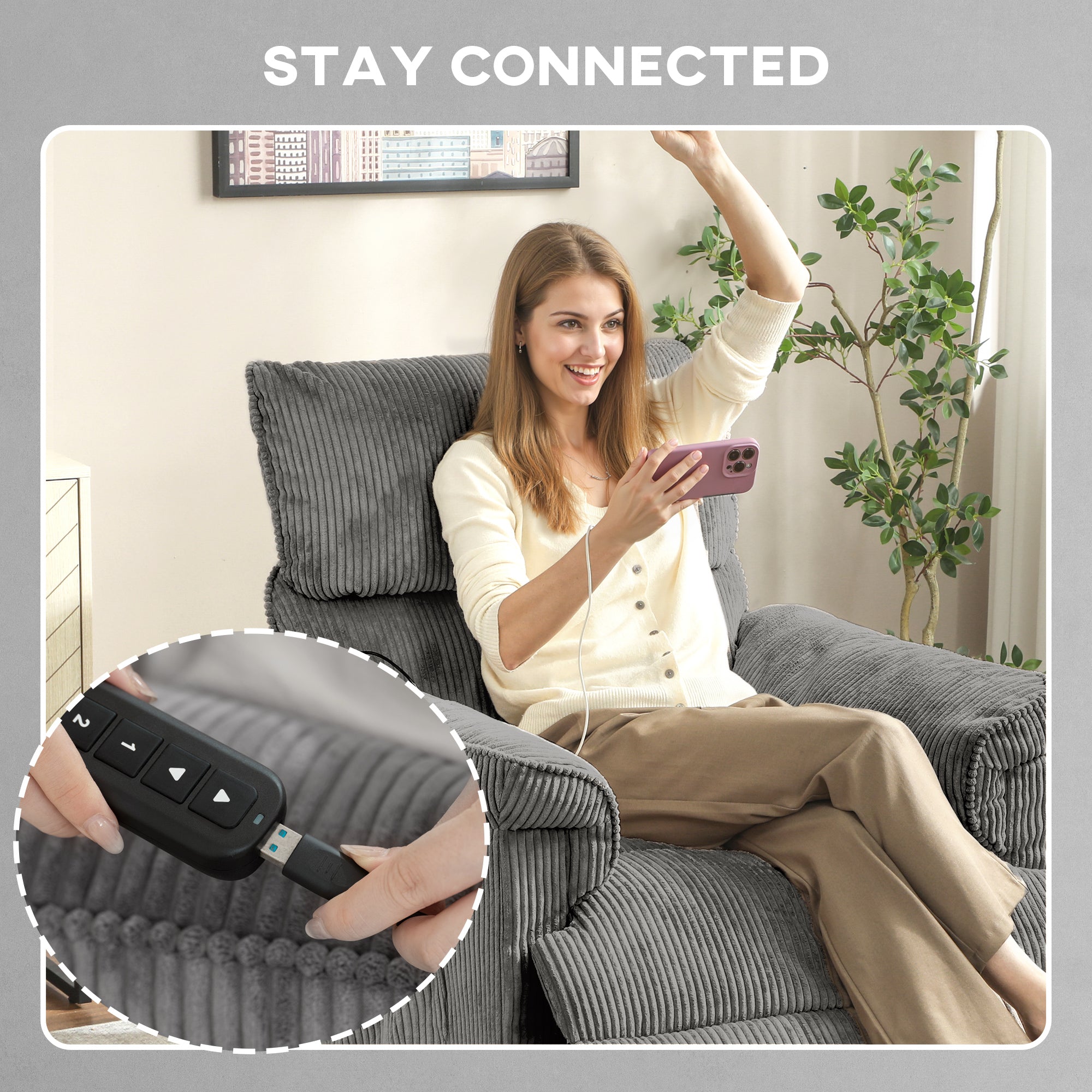 Fynco - Corduroy Electric Massage Recliner - Grey