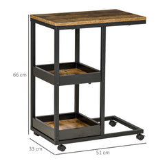 Mobile Sofa Side Table Set of 2, Industrial C-Shaped Rolling Couch Table with 3-Tier Storage Shelving Four Lockable Wheels Steel Frame, Dark Brown