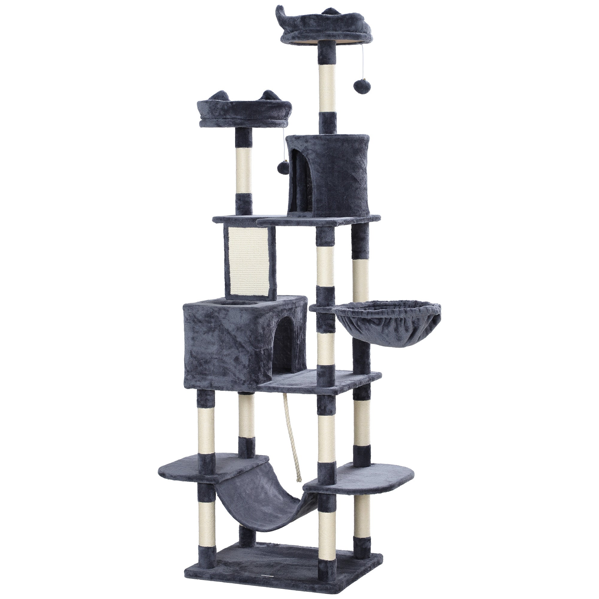 206cm Cat Tree, Multi-Level Cat Tower with Scratching Posts and Board, Beds, Condos, Platforms, Toy Balls, Dark Grey