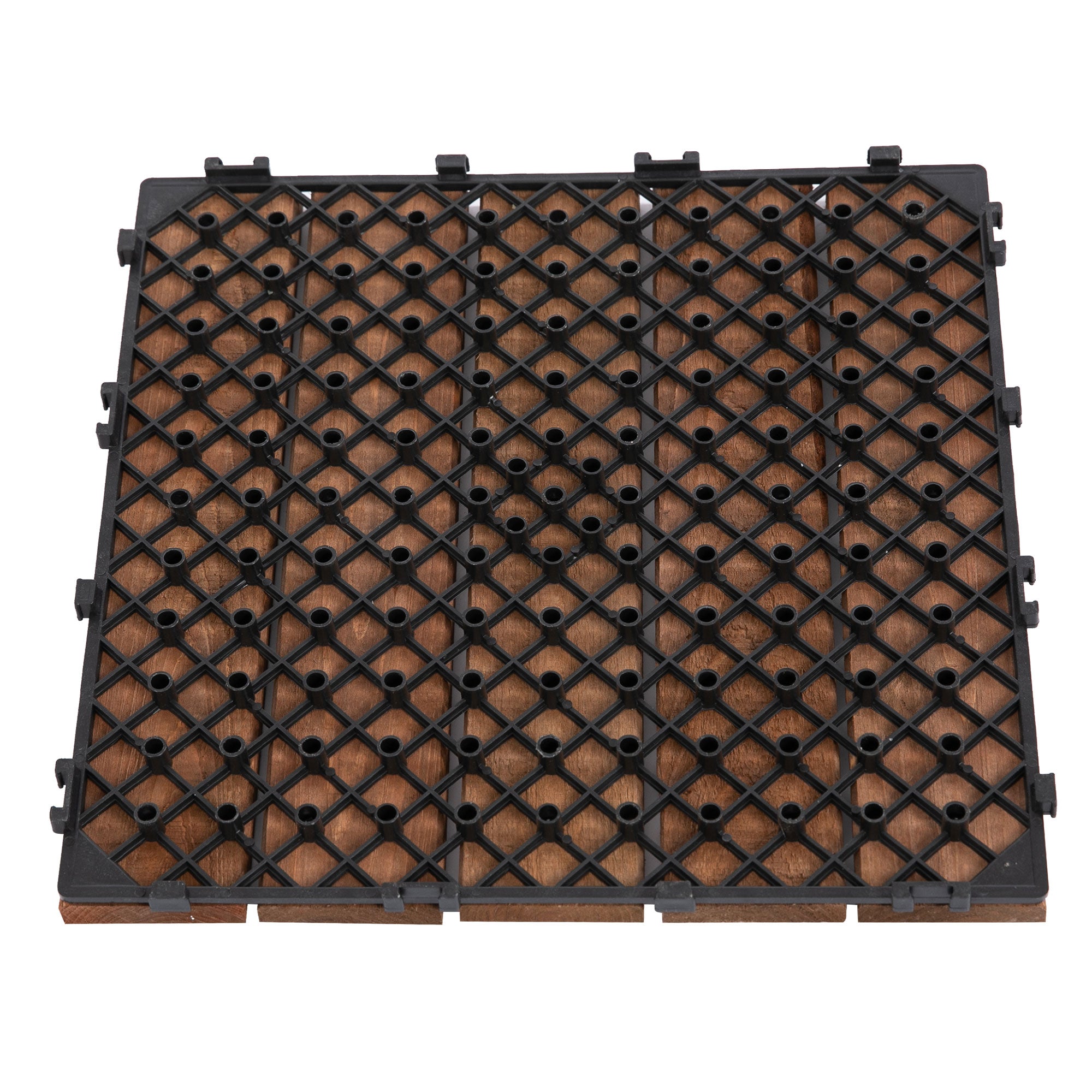 27 Pcs Solid Wood Interlocking Decking Tiles For Patio, Balcony, Roof Terrace, Hot Tub, Brown, (30 x 30 cm Per Piece)