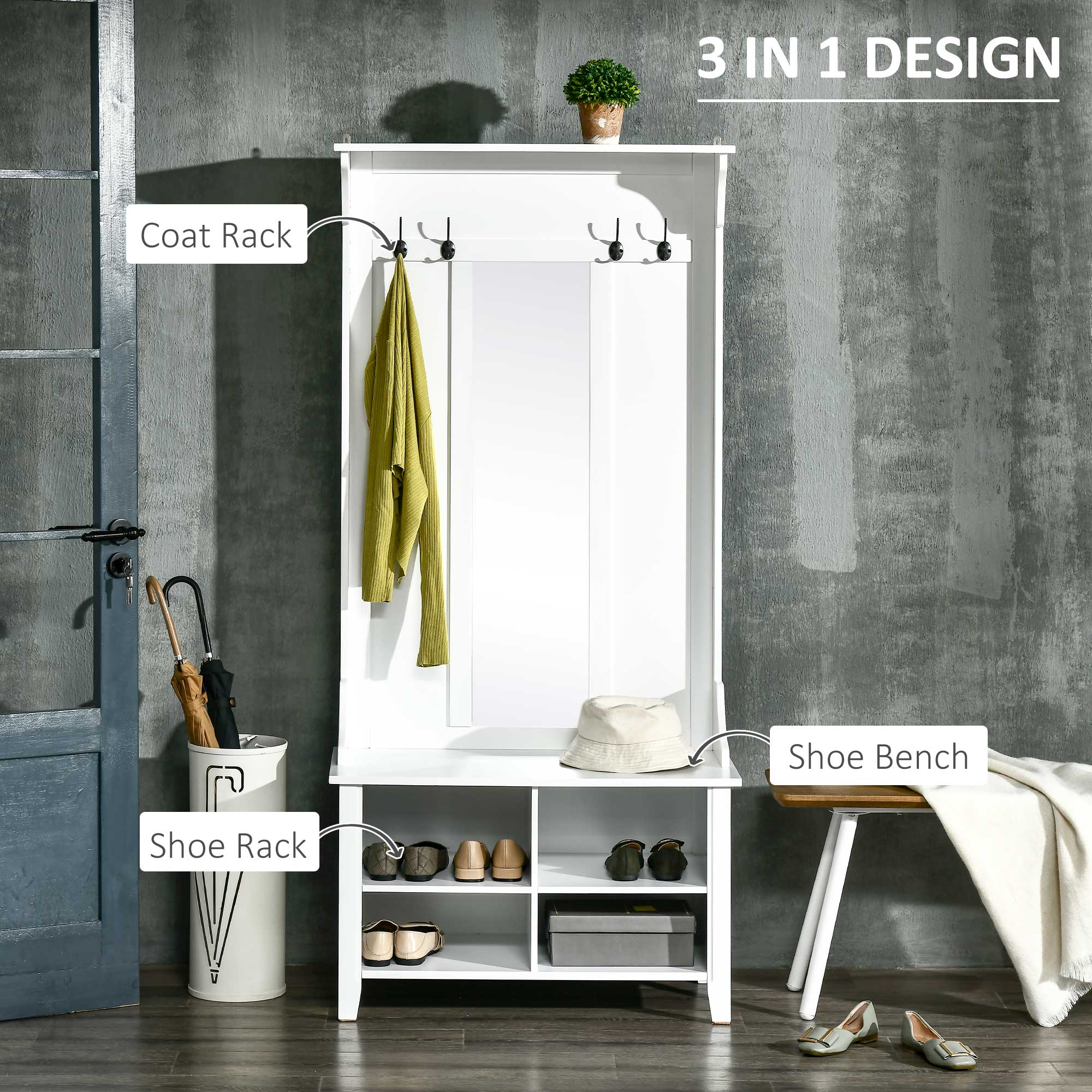 Hallway Furniture Set Shoe Bench Storage Mirror Cabinet Coat Rack Multiple Cubes Hangers Organiser Shelves w/ 4 Hooks
