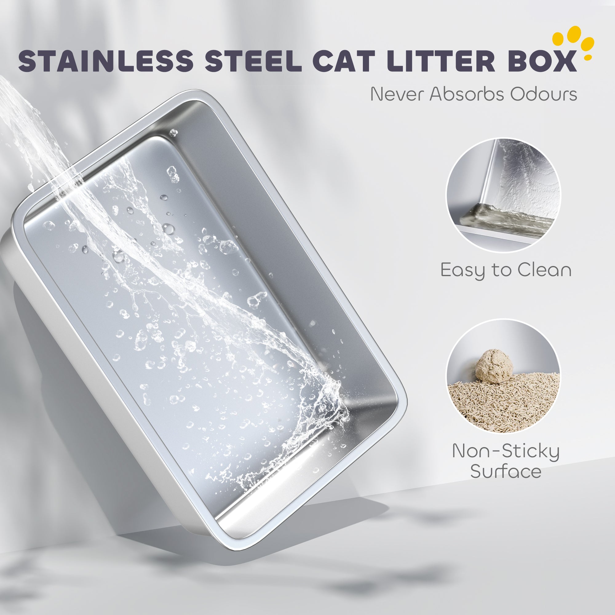 XXL Stainless Steel Cat Litter Box with High Sides, Metal Scoop, 70 x 50 x 30 cm