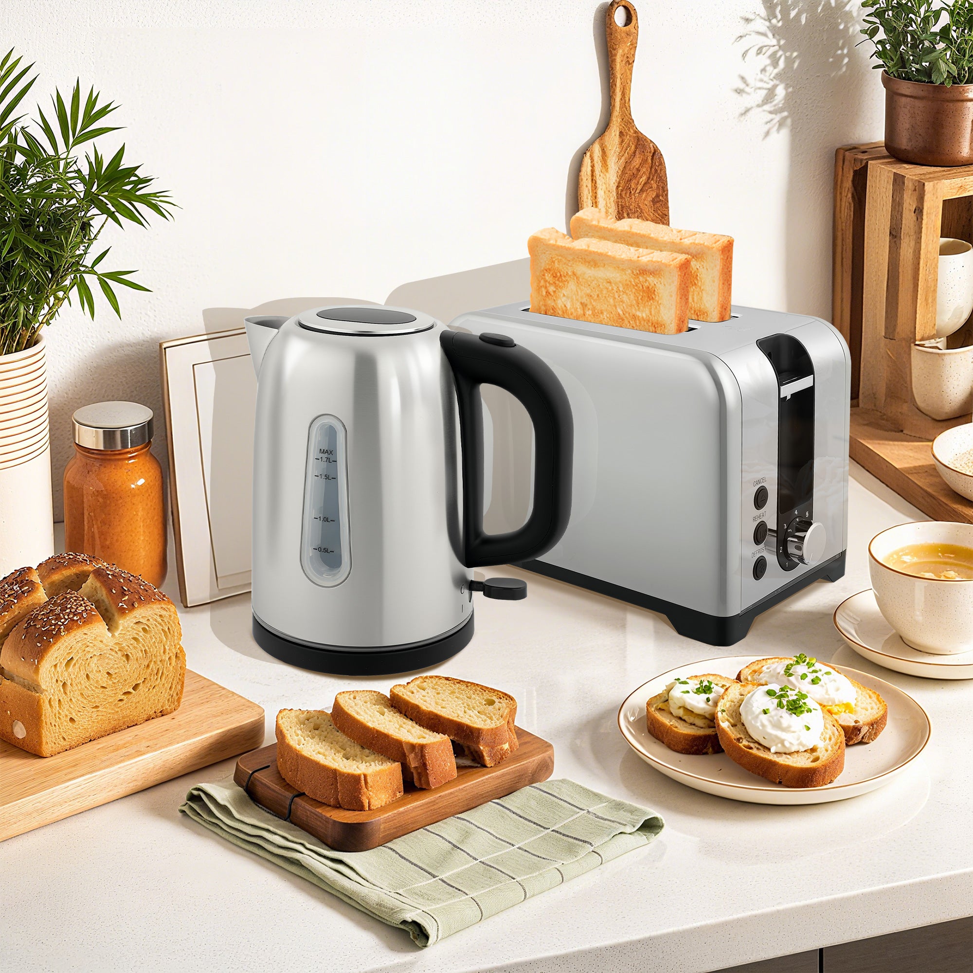 Fynco - Simple Polished Toaster and Kettle Set - Silver Tone