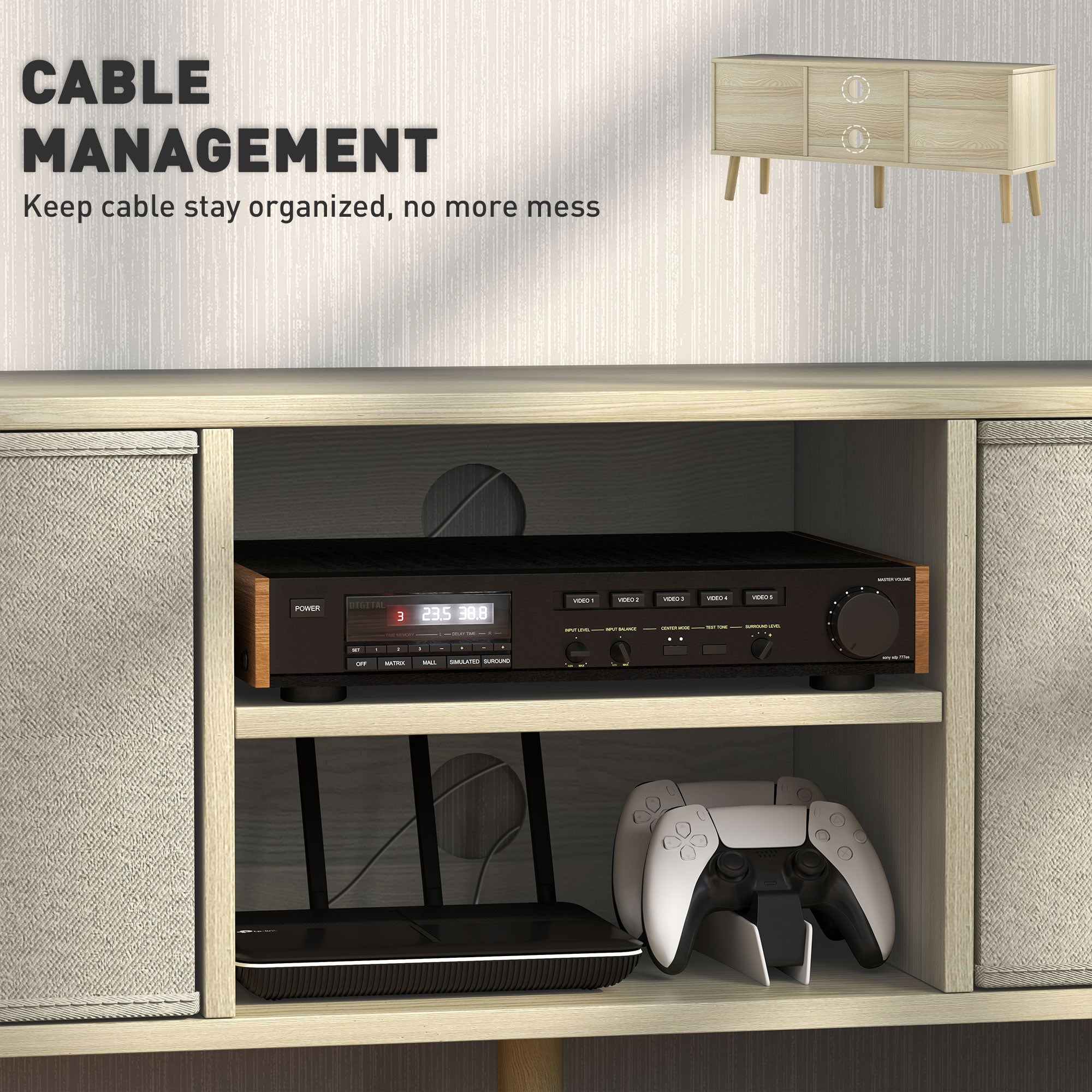 TV Cabinet Stand Unit for TVs up to 50'' with Foldable Drawers, Entertainment Centre for Living Room Natural