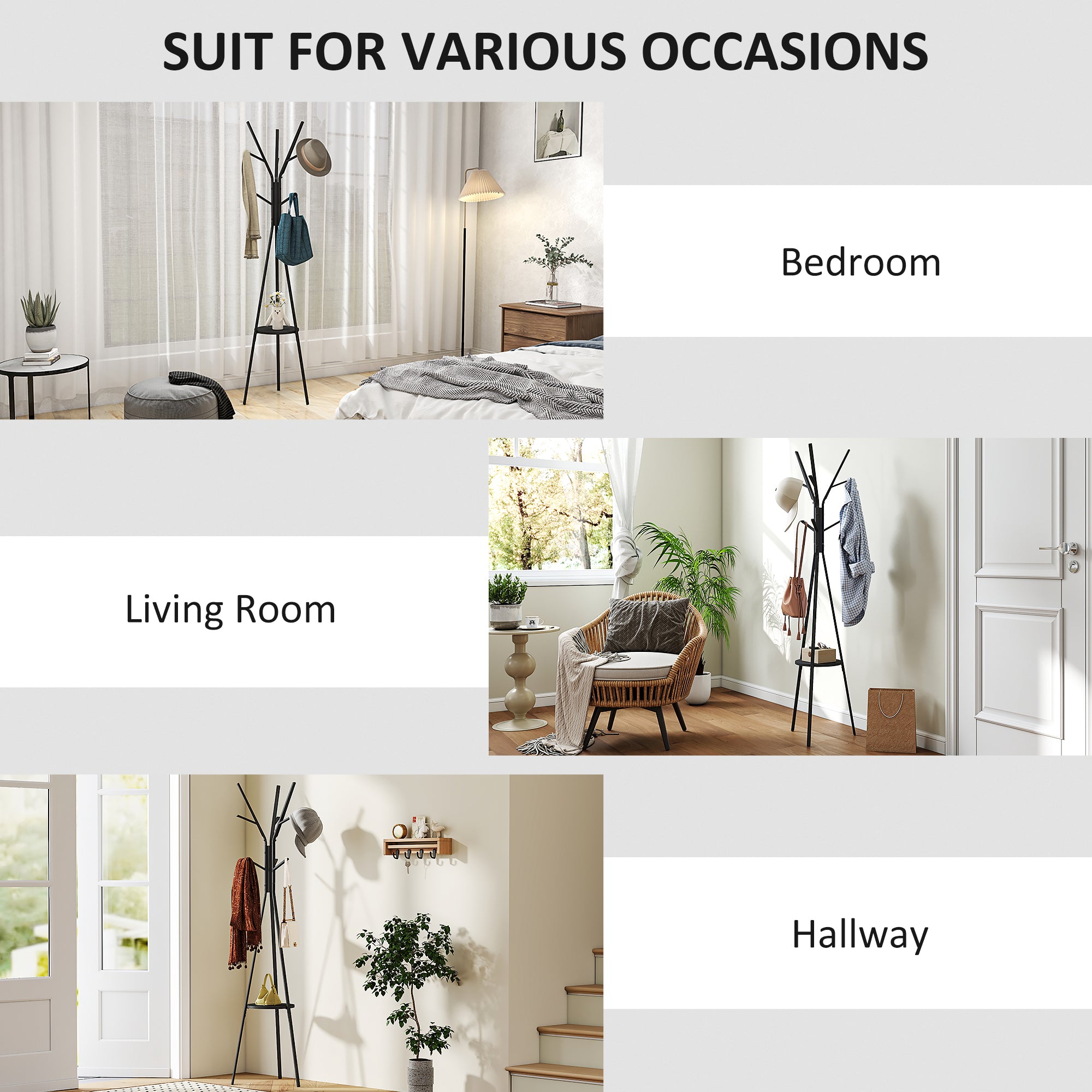 Freestanding Metal Coat Rack Stand 9 Hooks Clothes Tree with 1 Shelf Hat Display Hall Tree Hanger Bag Umbrella Hanging Organiser Black