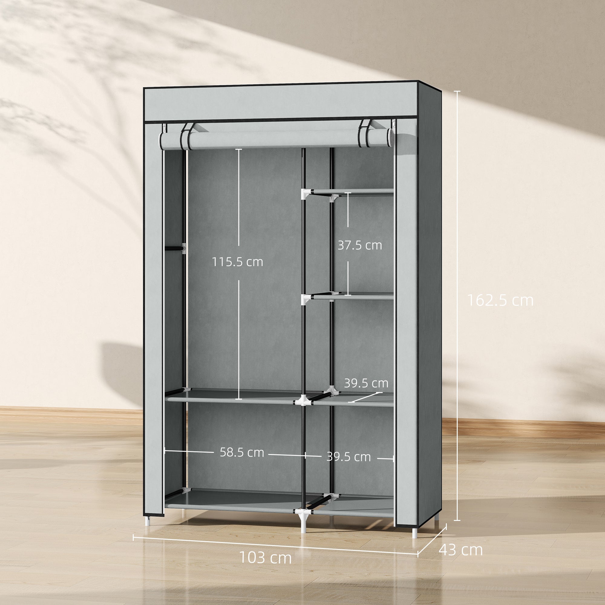 Fabric Wardrobe, Portable Wardrobe with 6 Shelves, 1 Hanging Rail, Foldable Closets, 103 x 43 x 162.5 cm, Light Grey