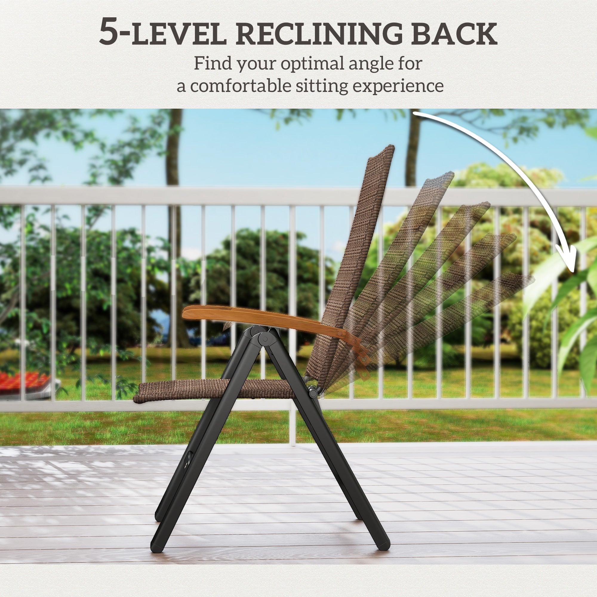 2 Pieces Folding Rattan Garden Dining Chairs with 5-level Reclining High Back, Wood Armrests for Outdoor - Brown