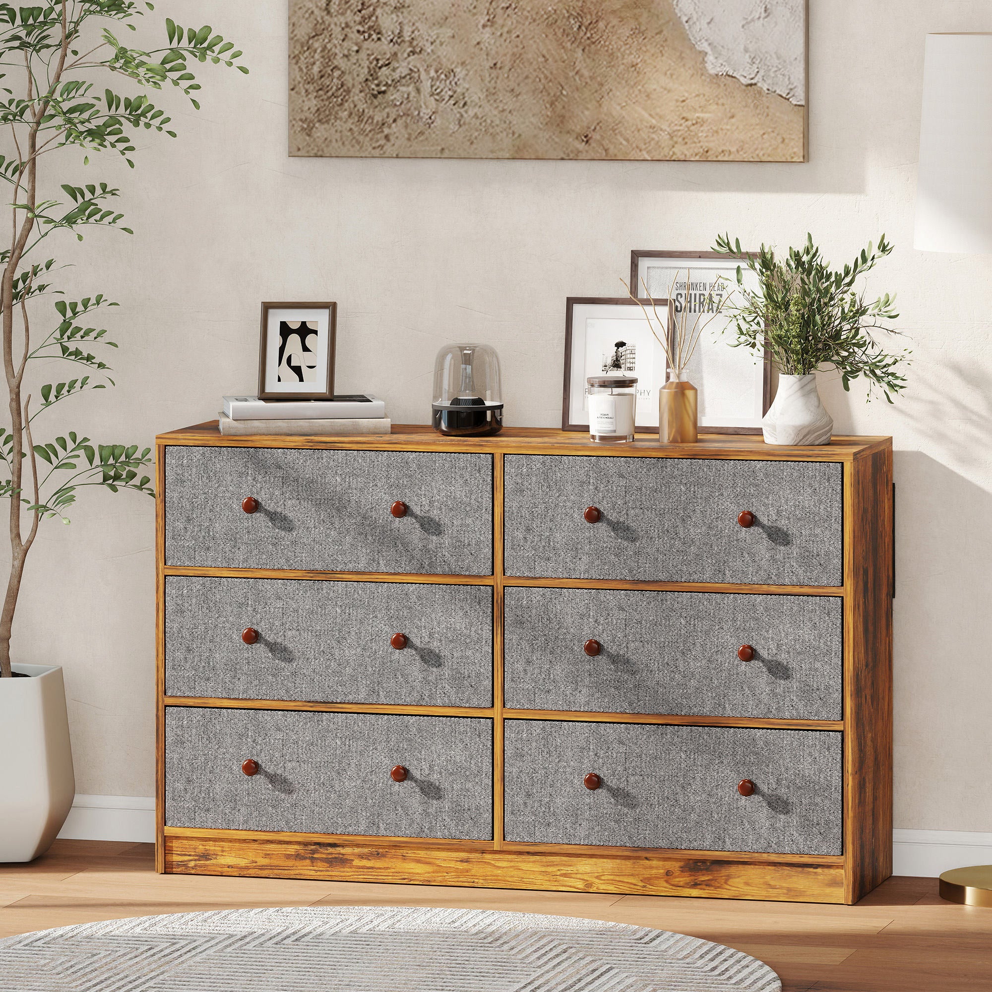Chest of Drawers, Dresser with 6 Fabric Drawers - Grey and Rustic Brown