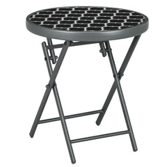 Φ45cm Garden Side Table, Outdoor Round Folding Patio Table with Imitation Marble Glass Top, Small Coffee Table, Black and White