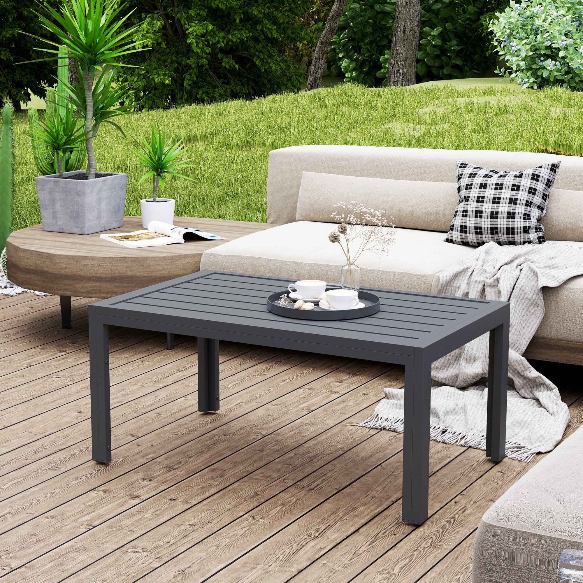 Outdoor Side Table, Rectangular Patio Coffee Side Table with Steel Frame and Slat Tabletop for Garden, Balcony, Grey