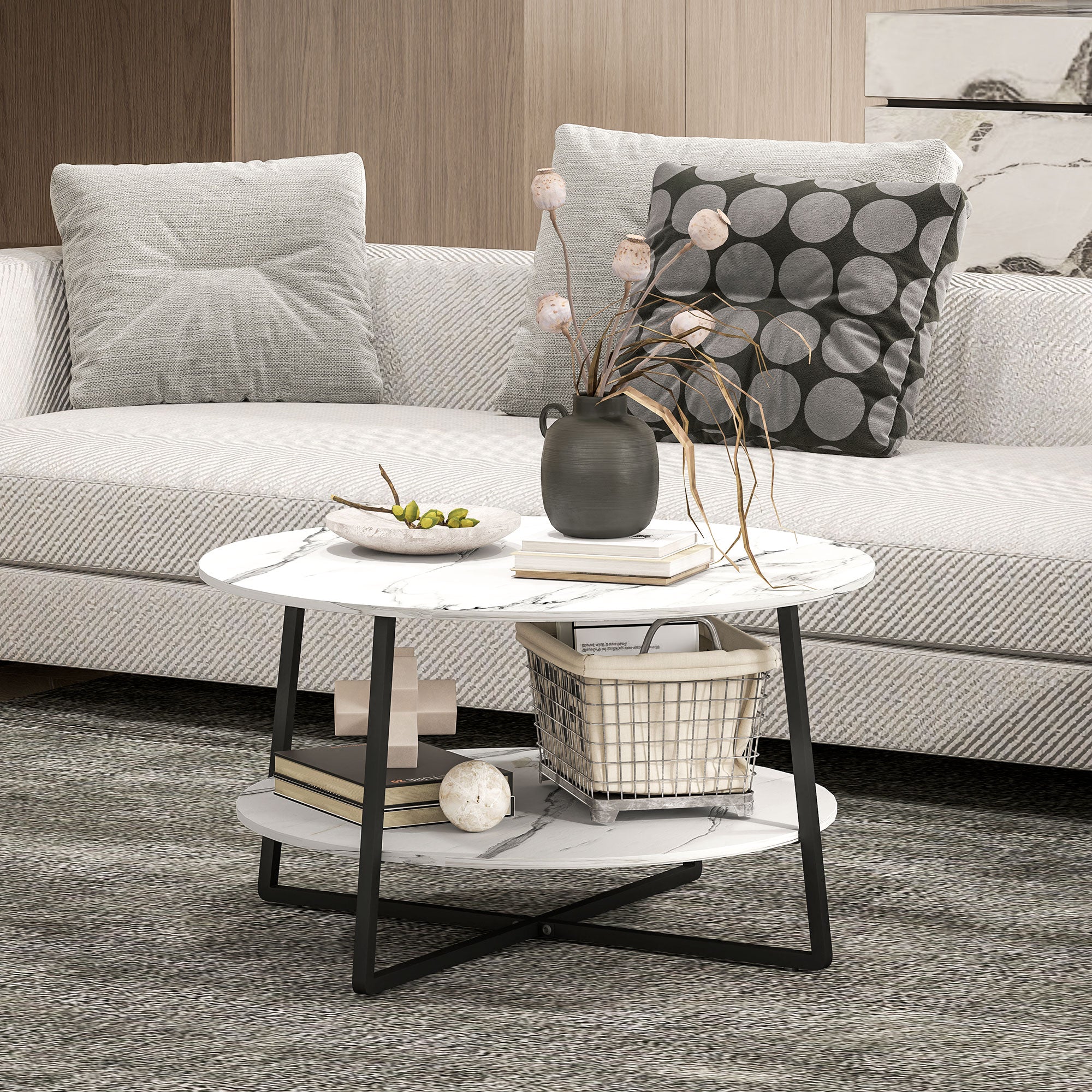 Two-Tier Marble-Effect Coffee Table - White/Black