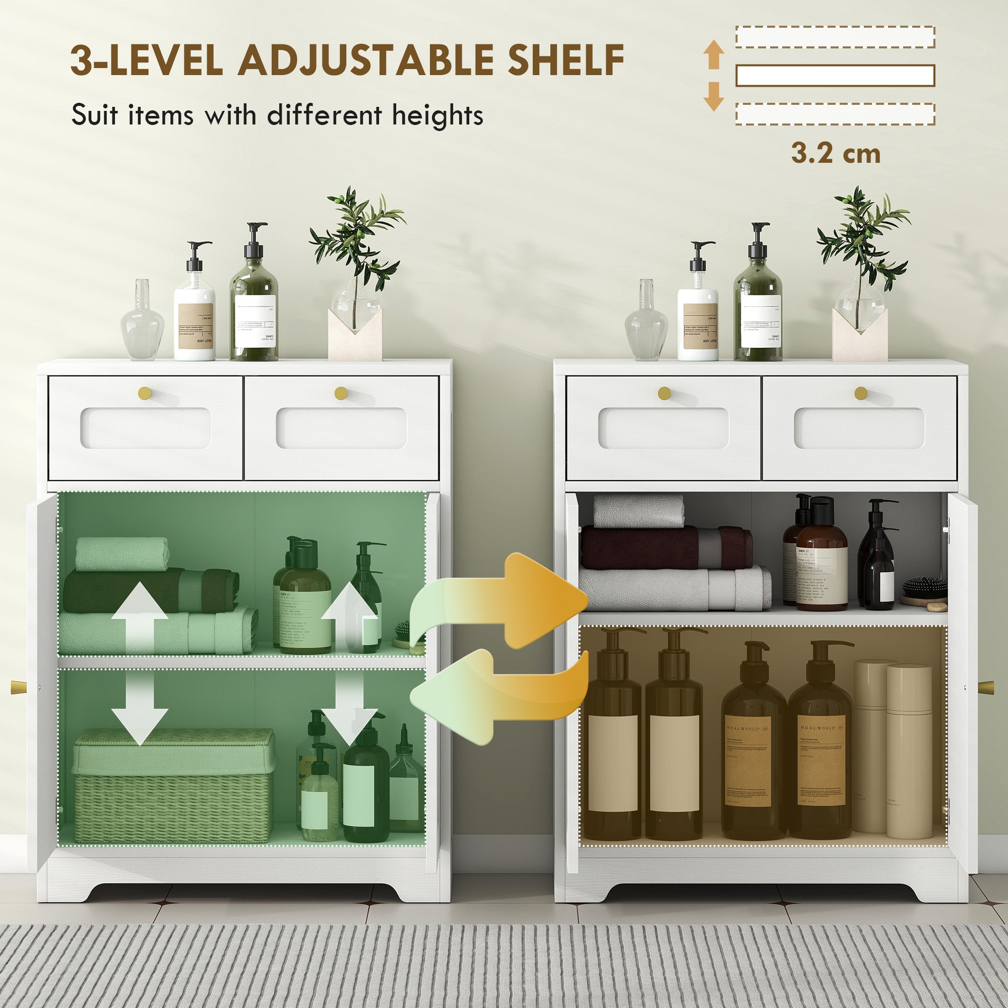 Fynco - Bathroom Floor Cabinet with 2 Drawers - White