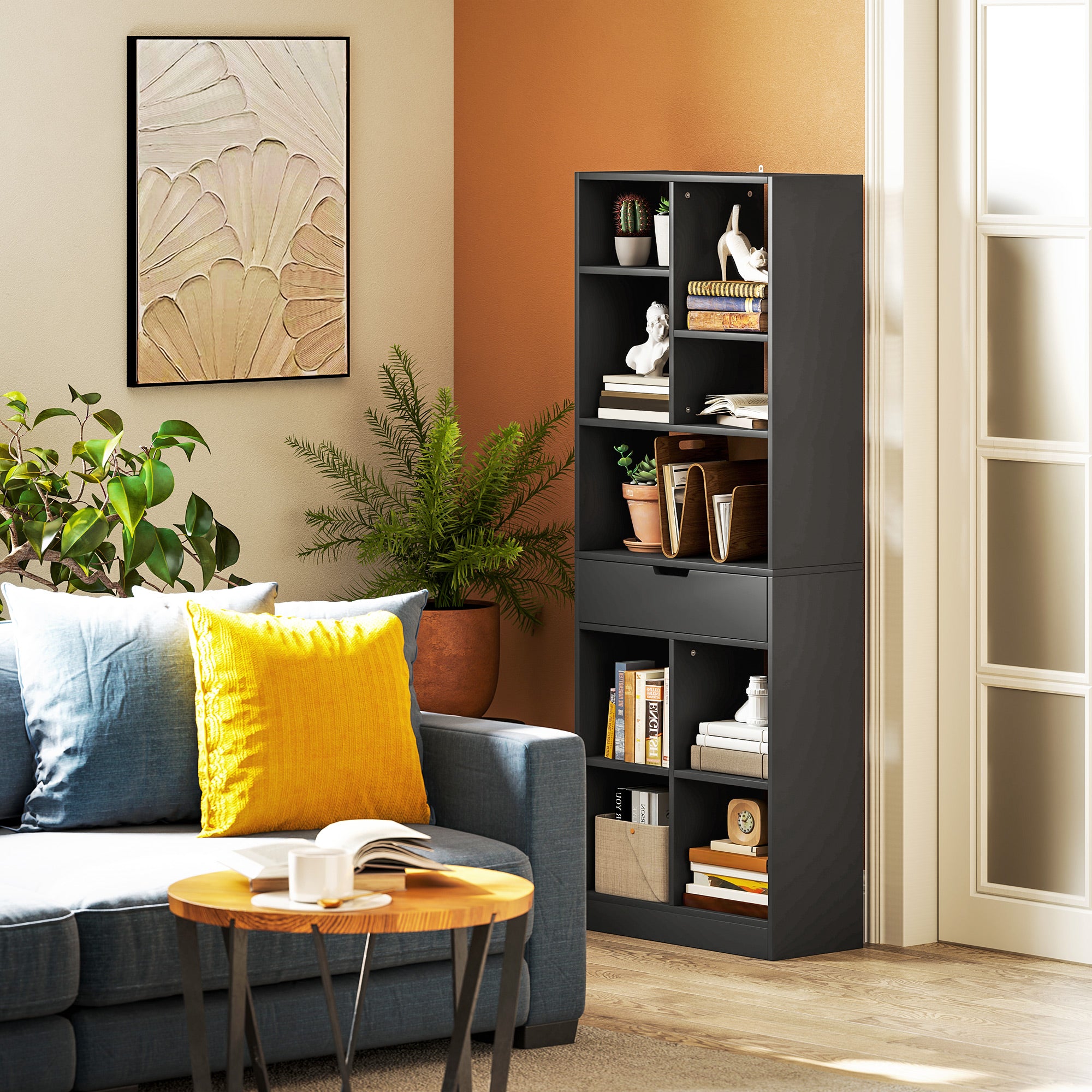 Fynco - Tall Bookshelf with Drawer, Freestanding Bookcase for Bedroom, Living Room, Home Office, Black