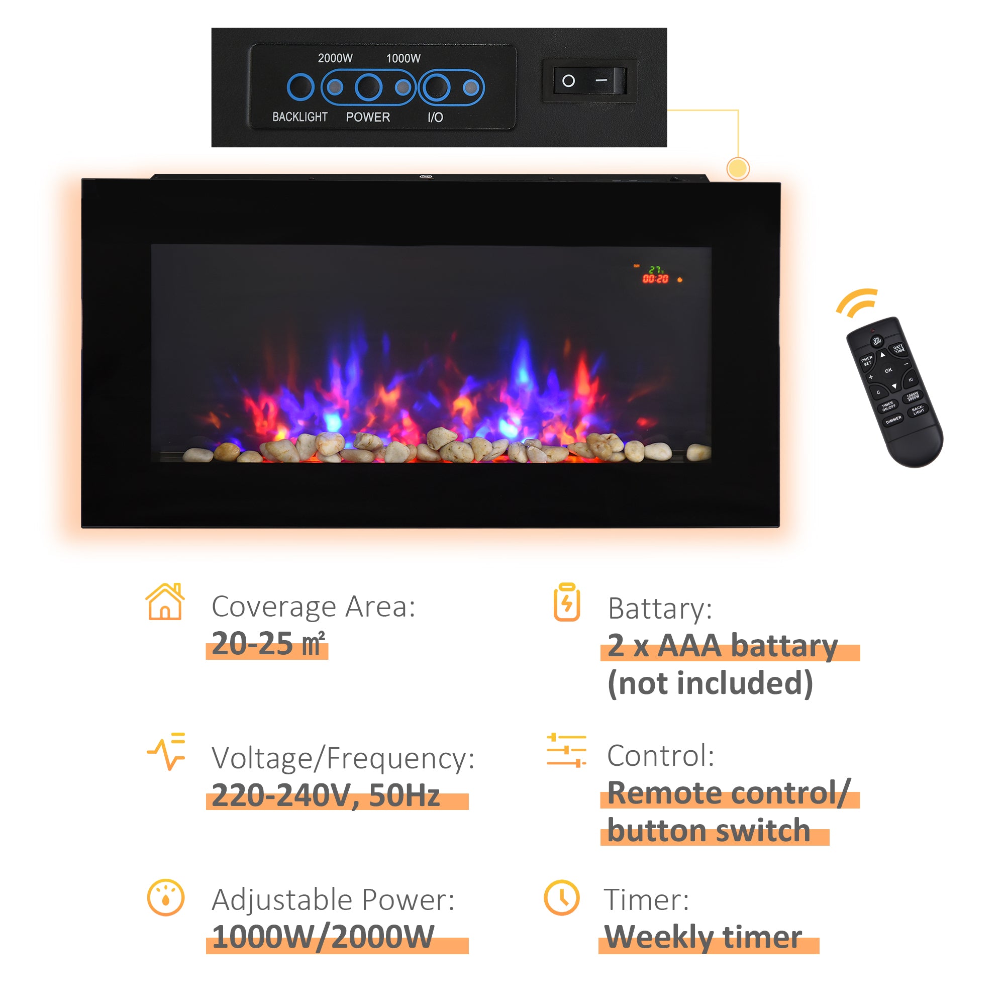Fynco - LED Wall Mounted Fireplace Curved Glass Electric Fire Place for Living Room, 1000W/2000W, 48H x 90.8W x 11.5Dcm, Black