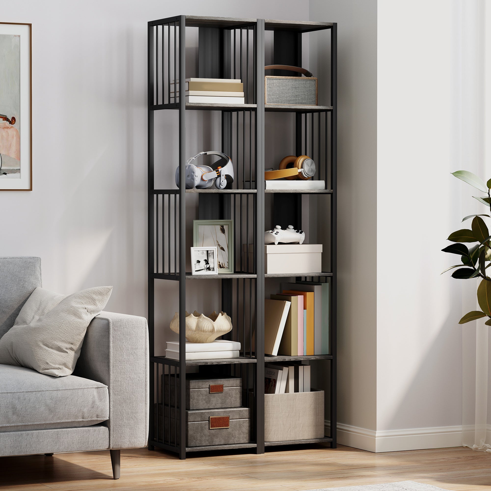 Fynco - 5-Tier Bookshelf with Steel Frame - Grey