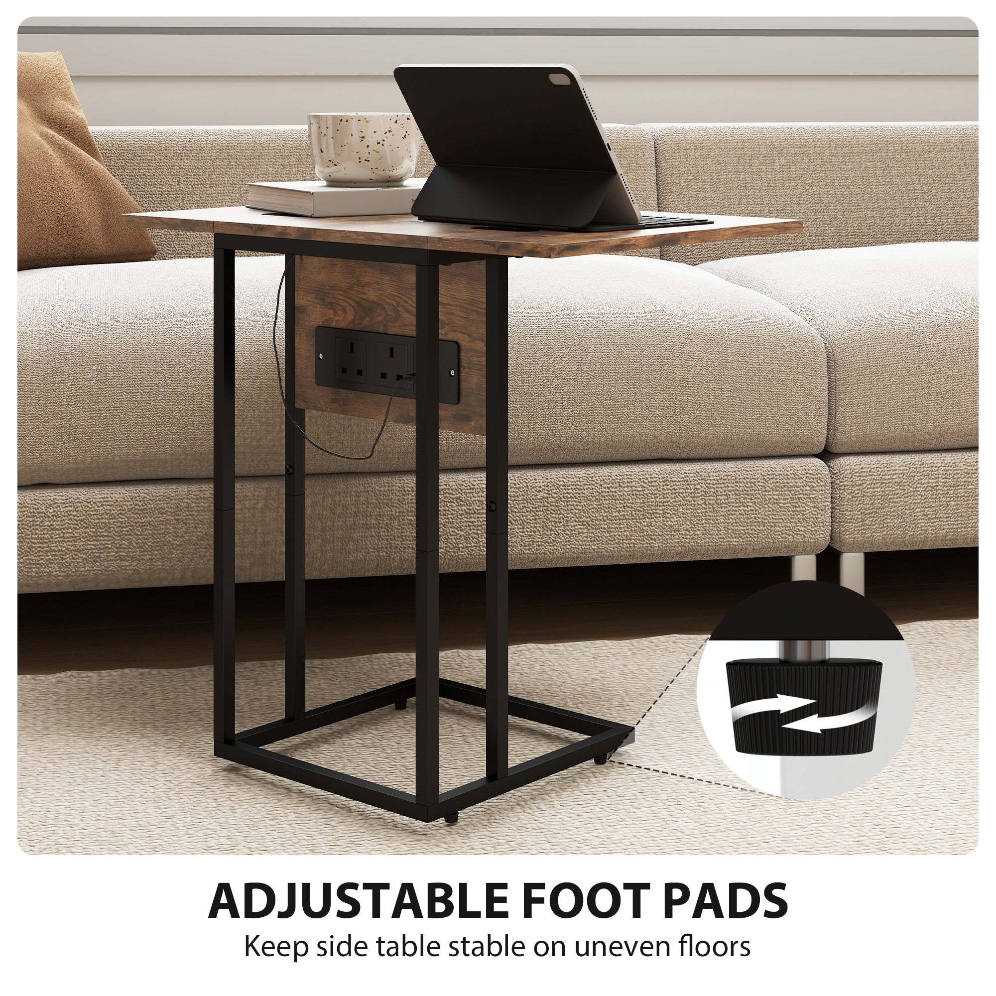 Fynco - C Shaped Side Table with Charging Station and Foldable Top - Rustic Brown