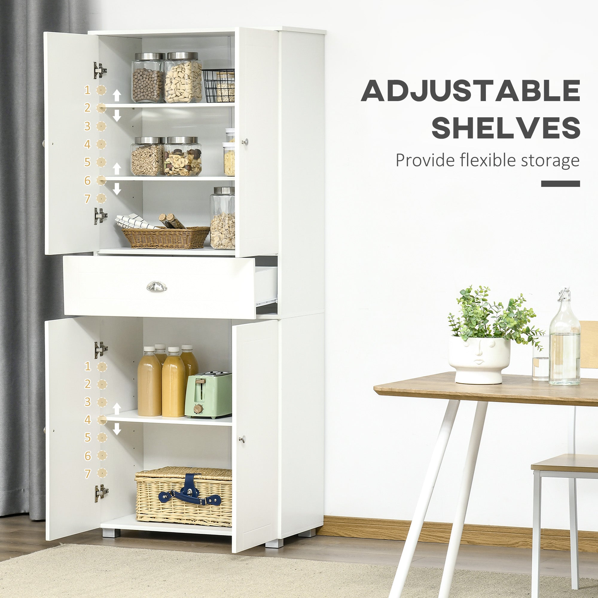 Fynco - Freestanding Tall Kitchen Cupboard Storage Cabinets with Drawer and 3 Adjustable Shelves for Dining Room, Living Room, White