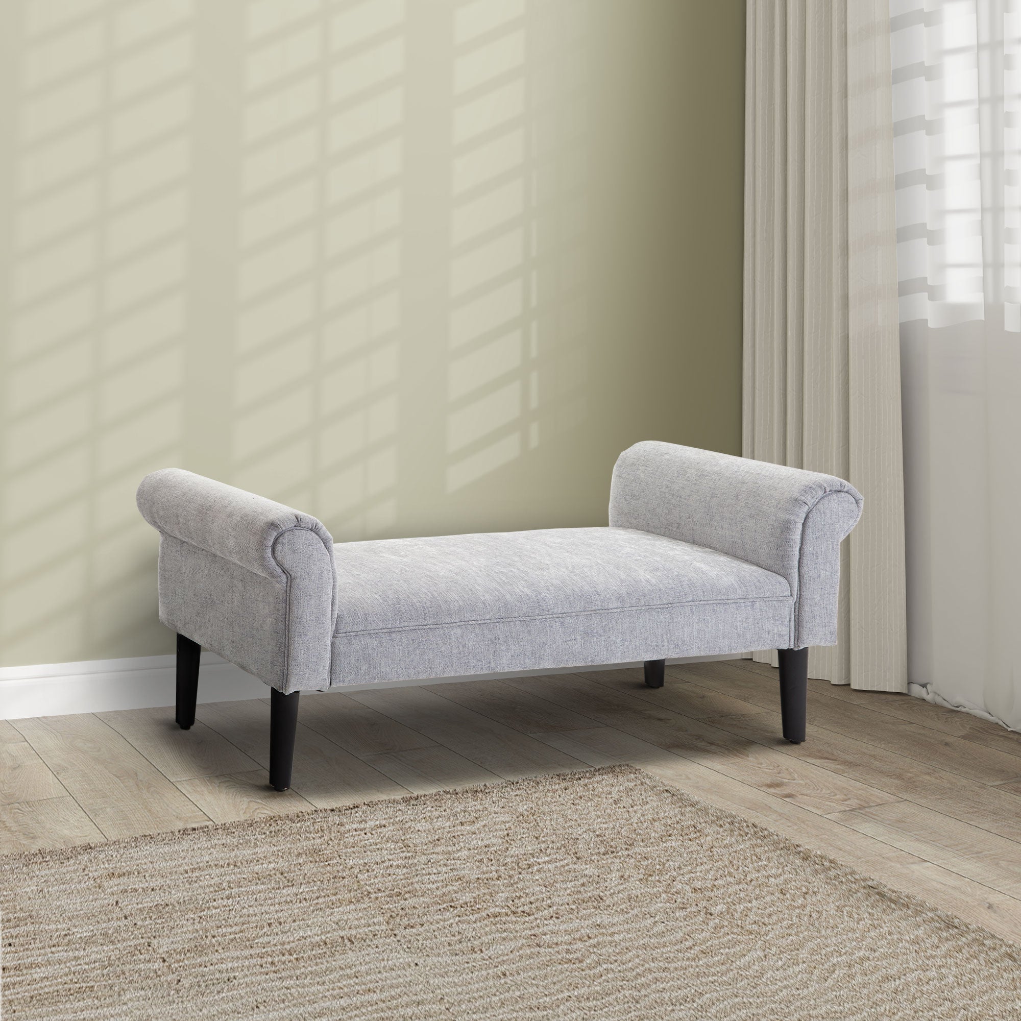 Bed End Bench, Window Seat, Linen Chaise Lounge Sofa with Arm and Wooden Legs for Bedroom, Living Room, Grey