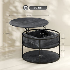 Lift Top Coffee Table, Round Coffee Table with Storage Shelf, Hidden Compartment and Steel Frame for Living Room, Home Office, Charcoal Grey