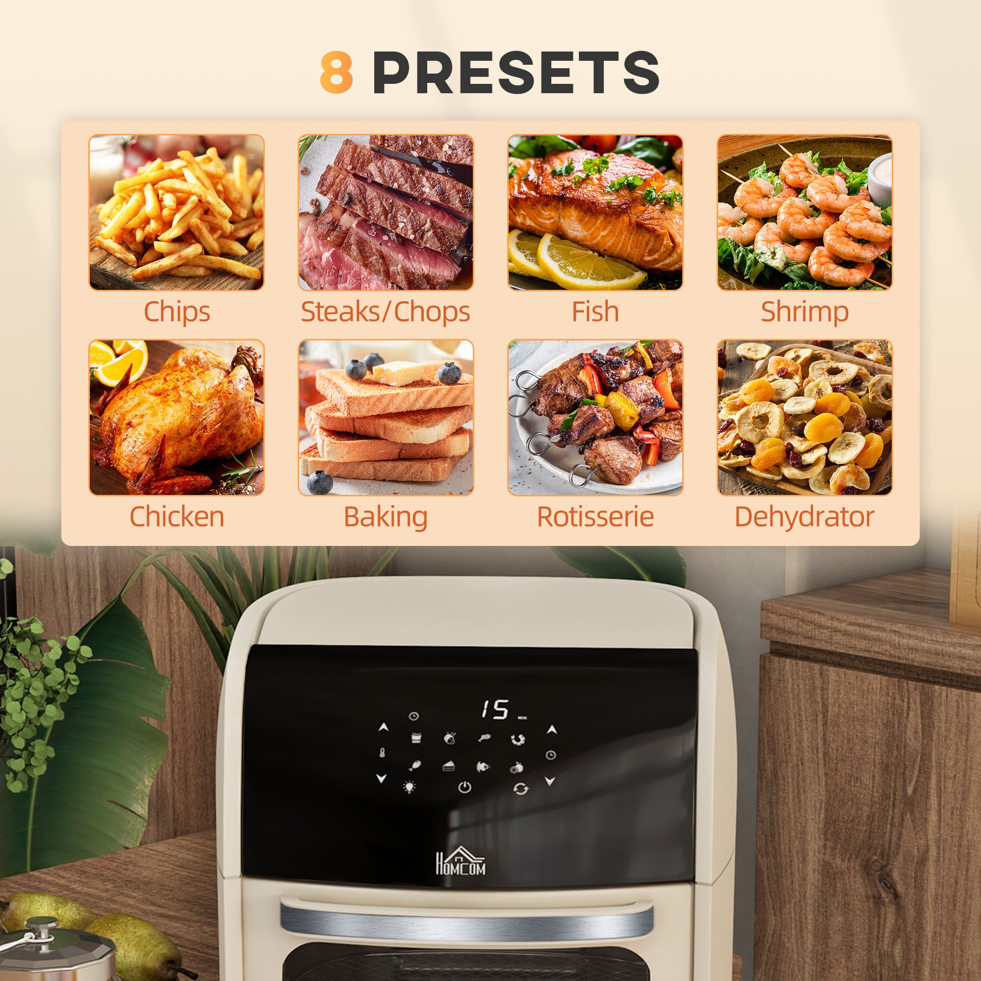 Digital Air Fryer with 8 Preset Modes, Rapid Air Circulation, 12L Air Fryer Oven with Memory Function, 1800W, Cream