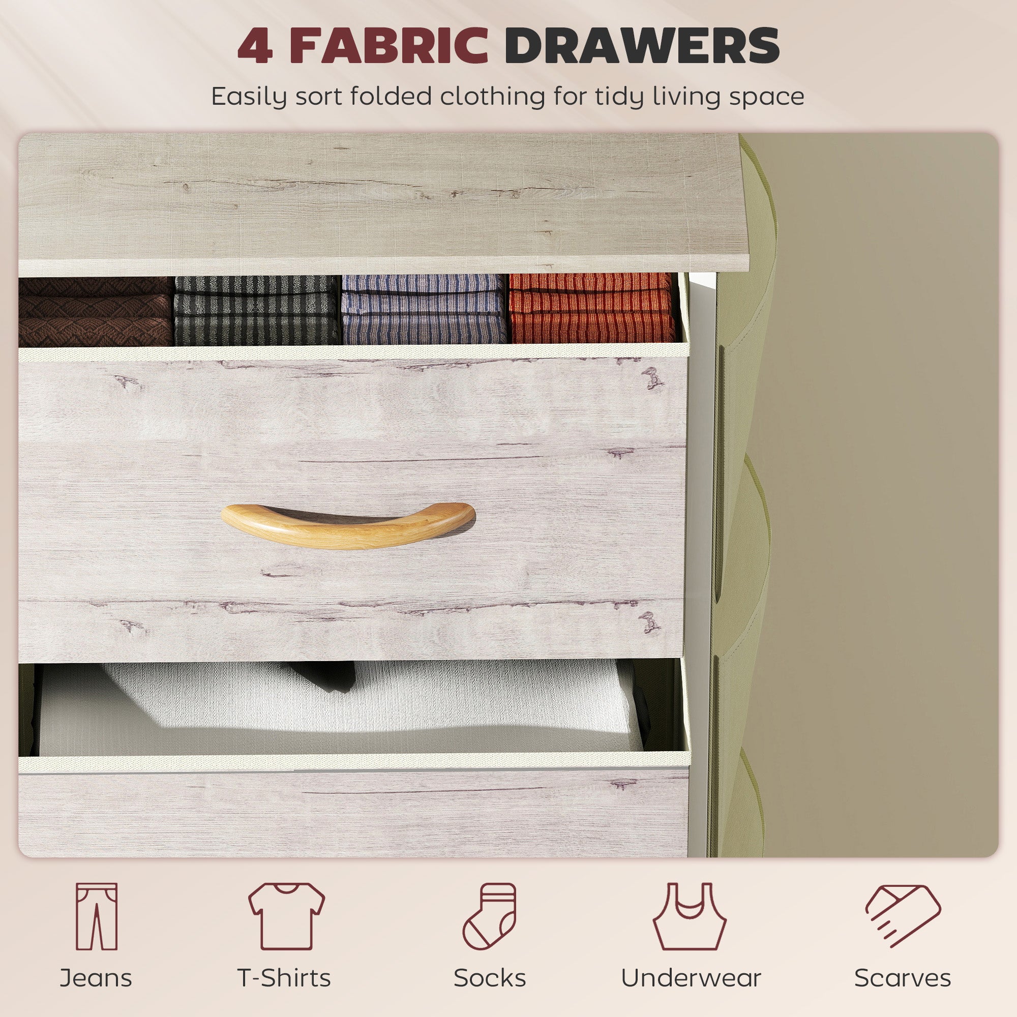 Chest of Four Fabric Drawers - Natural Wood Finish