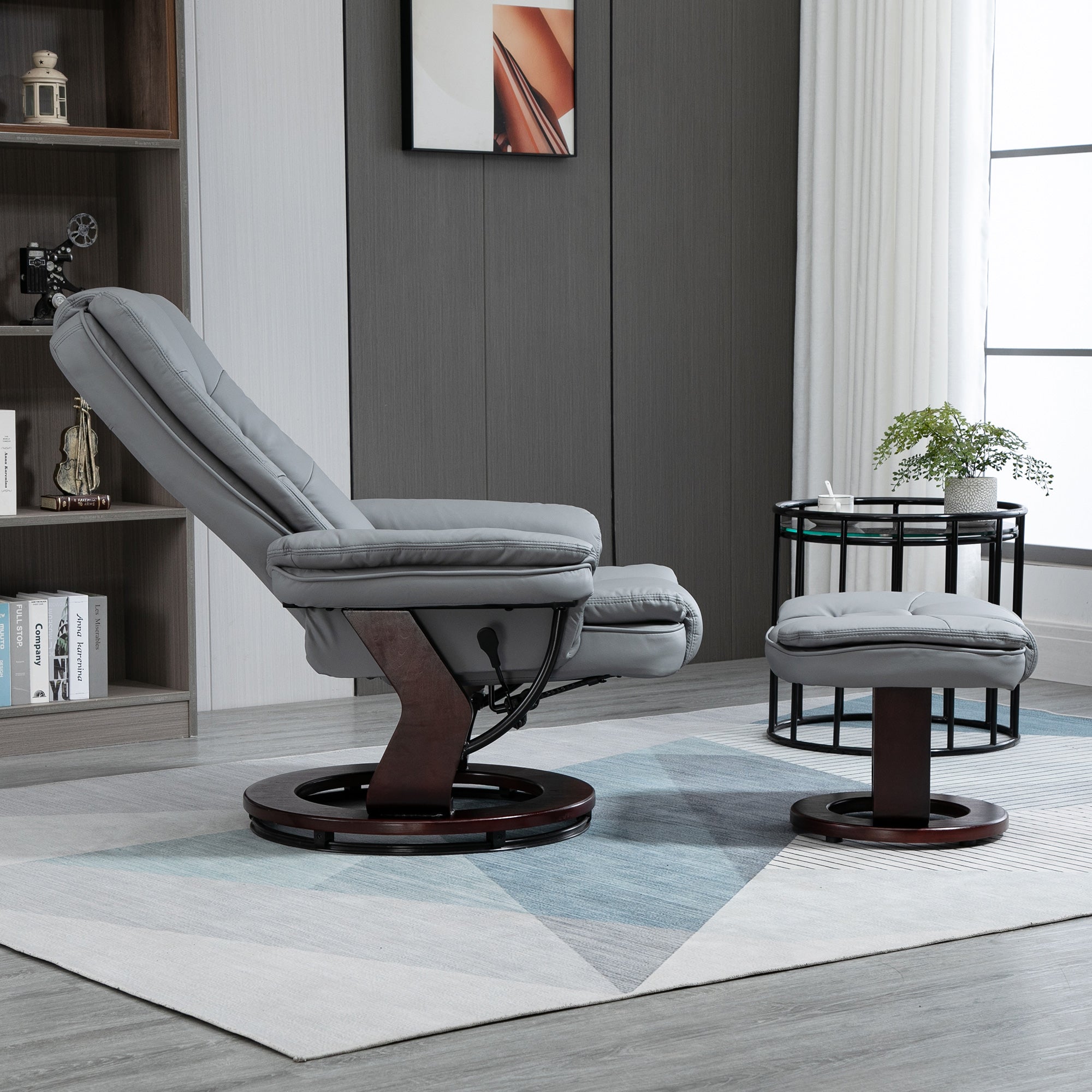 Recliner Chair With footstool, Recliner Armchair up to 130kg Weight Capacity, 135° Reclining Swivel Sofa Chair, PU Leather Ergonomic Couch Bed with Swivel Wood Base for Living Room, Grey