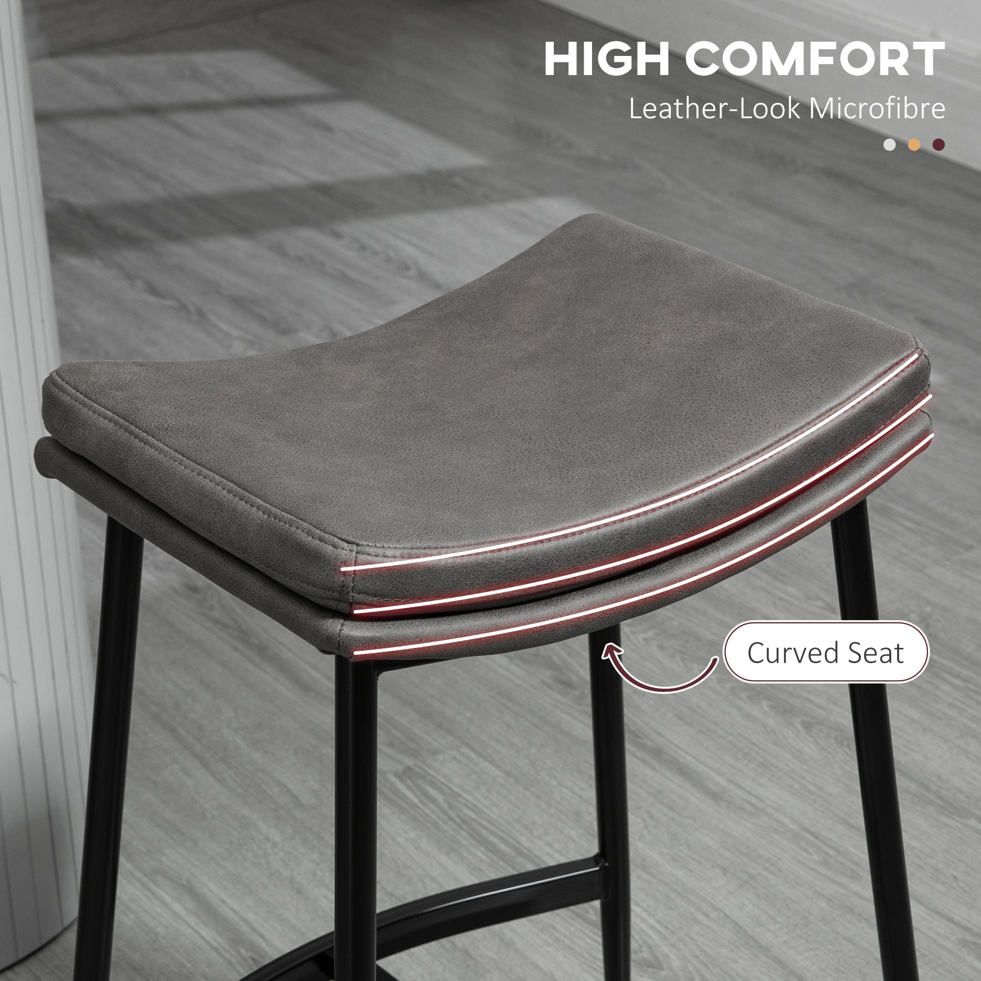 Breakfast Bar Stools Set of 2, Microfibre Upholstered Barstools, Industrial Bar Chairs with Curved Seat and Steel Frame for Dining Room, Kitchen, Grey