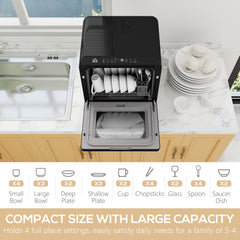 Fynco - Table Top Dishwasher with Built-in 6L Water Tank, Mini Countertop Dishwasher with 6 Programs, 4 Place Settings, Black
