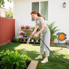 Fynco - Retractable Hose Reel Wall Mounted, 30+2m Garden Hose Pipe Reel with Lock, Auto Rewind, 7 in 1 Spray Nozzle, Includes Wall Fixings, 180° Swivel, Outdoor Watering, Orange