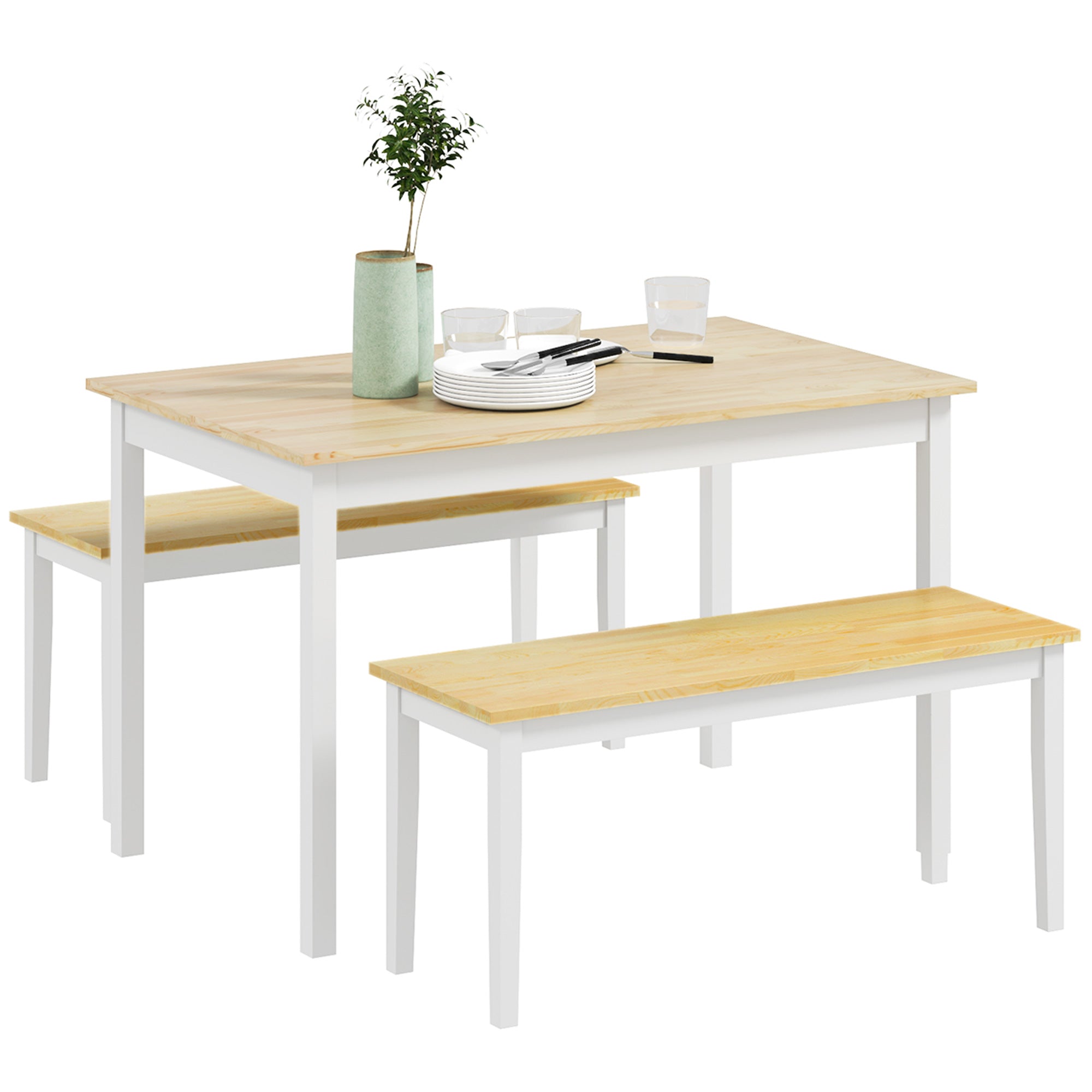 Dining Table and Bench Set, Farmhouse Kitchen Table and Bench with Wooden Frame for Living Room, Dining Room, Natural and White