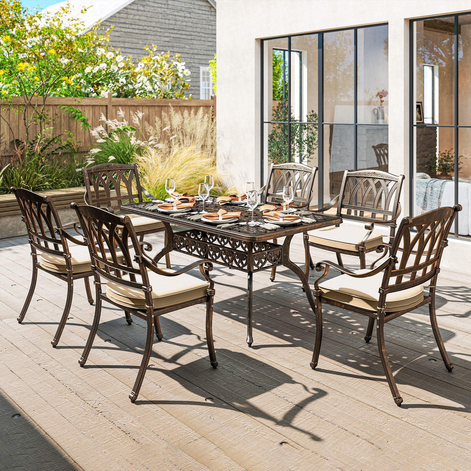 Seven-Piece Cast Aluminium Garden Dining Set - Bronze Tone