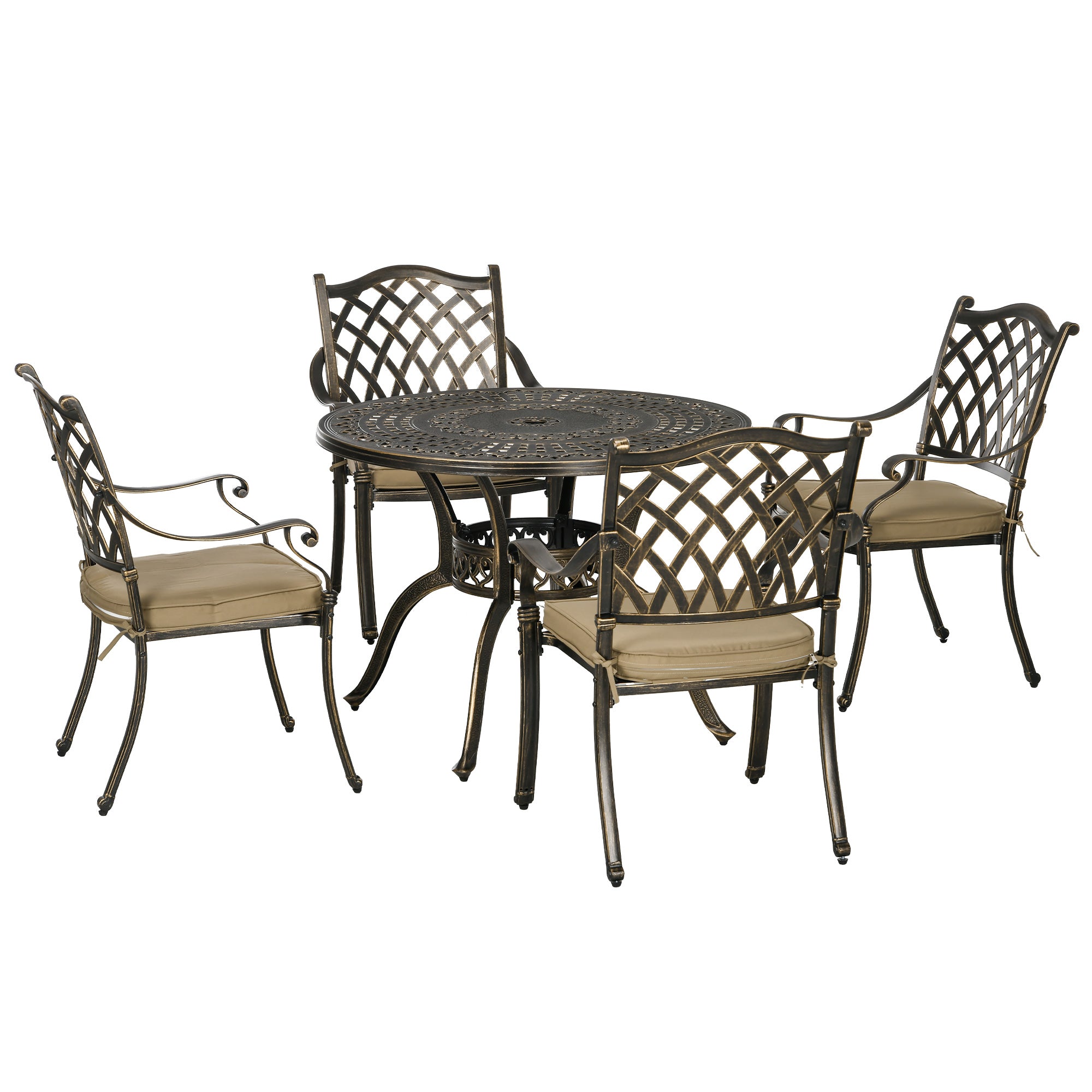 4 Seater Outdoor Dining Set Antique Cast Aluminium Garden Furniture Set with Cushions Round Dining Table with Parasol Hole, Bronze