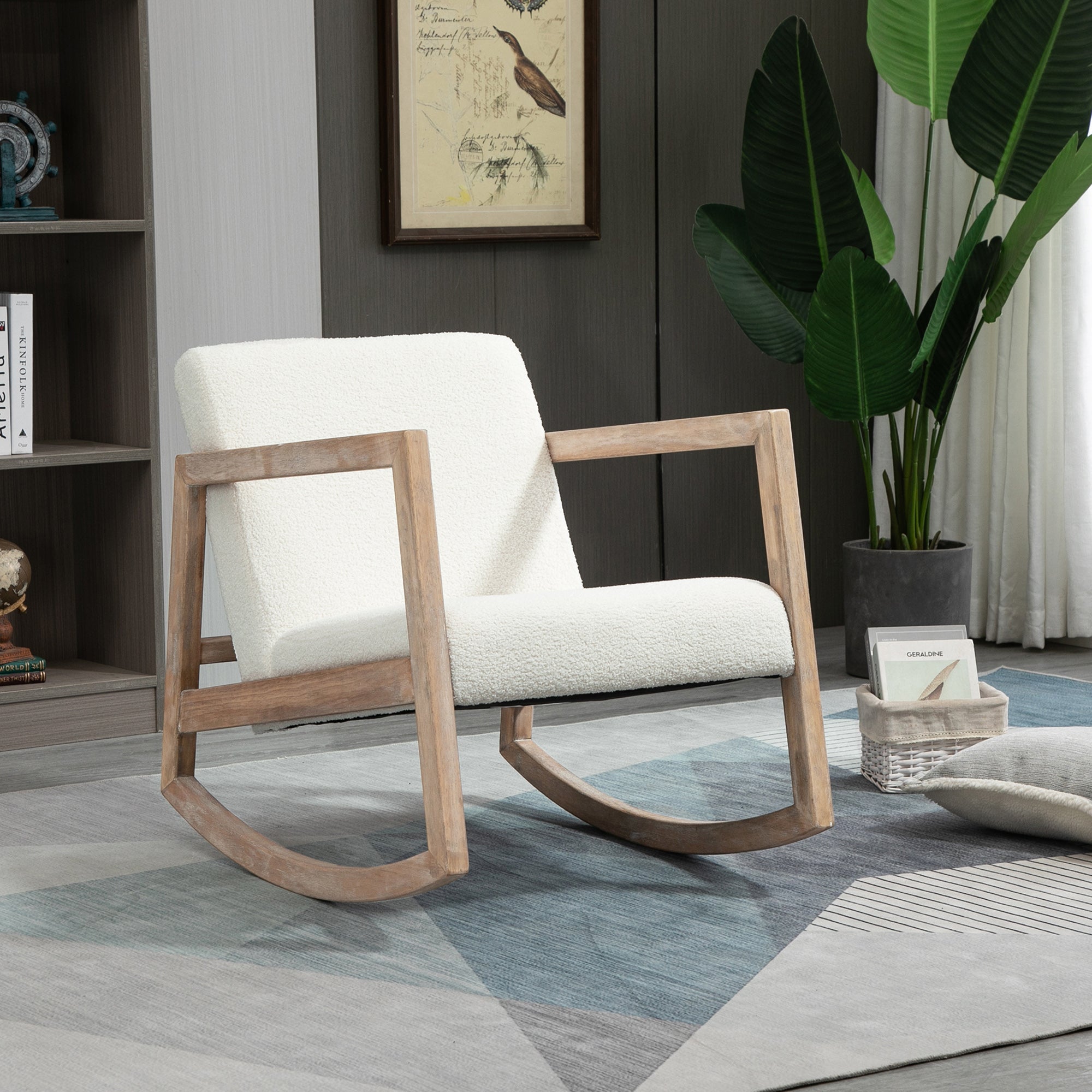 Rocking Chair, Upholstered Sofa Armchair with Cushion and Wood Base for Living Room and Bedroom, Cream White