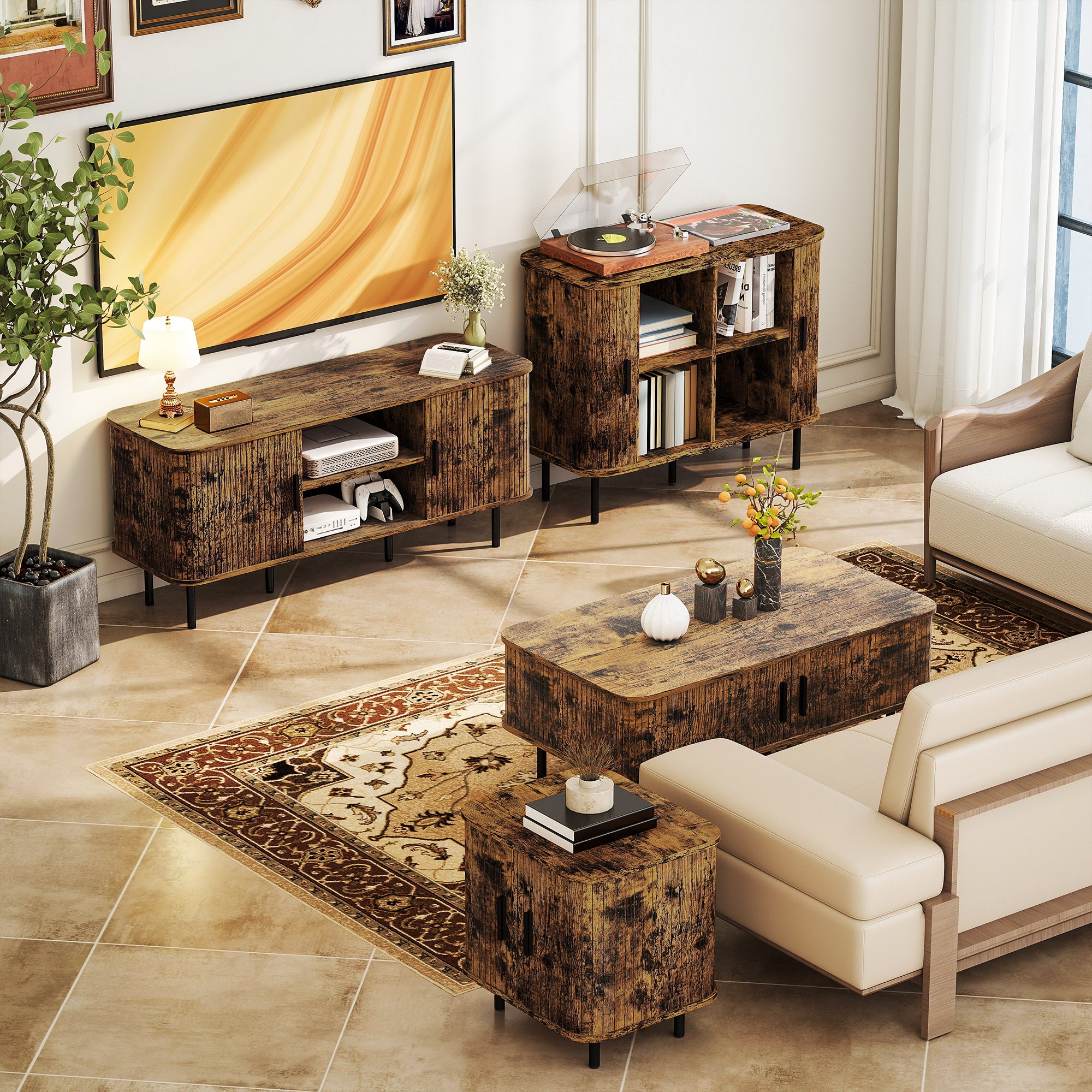 Coffee Table with Storage, Living Room Table with Slatted Tambour Sliding Doors and Foot Pads, Rectangular Coffee Table with Elevated Base for Living Room, Rustic Brown