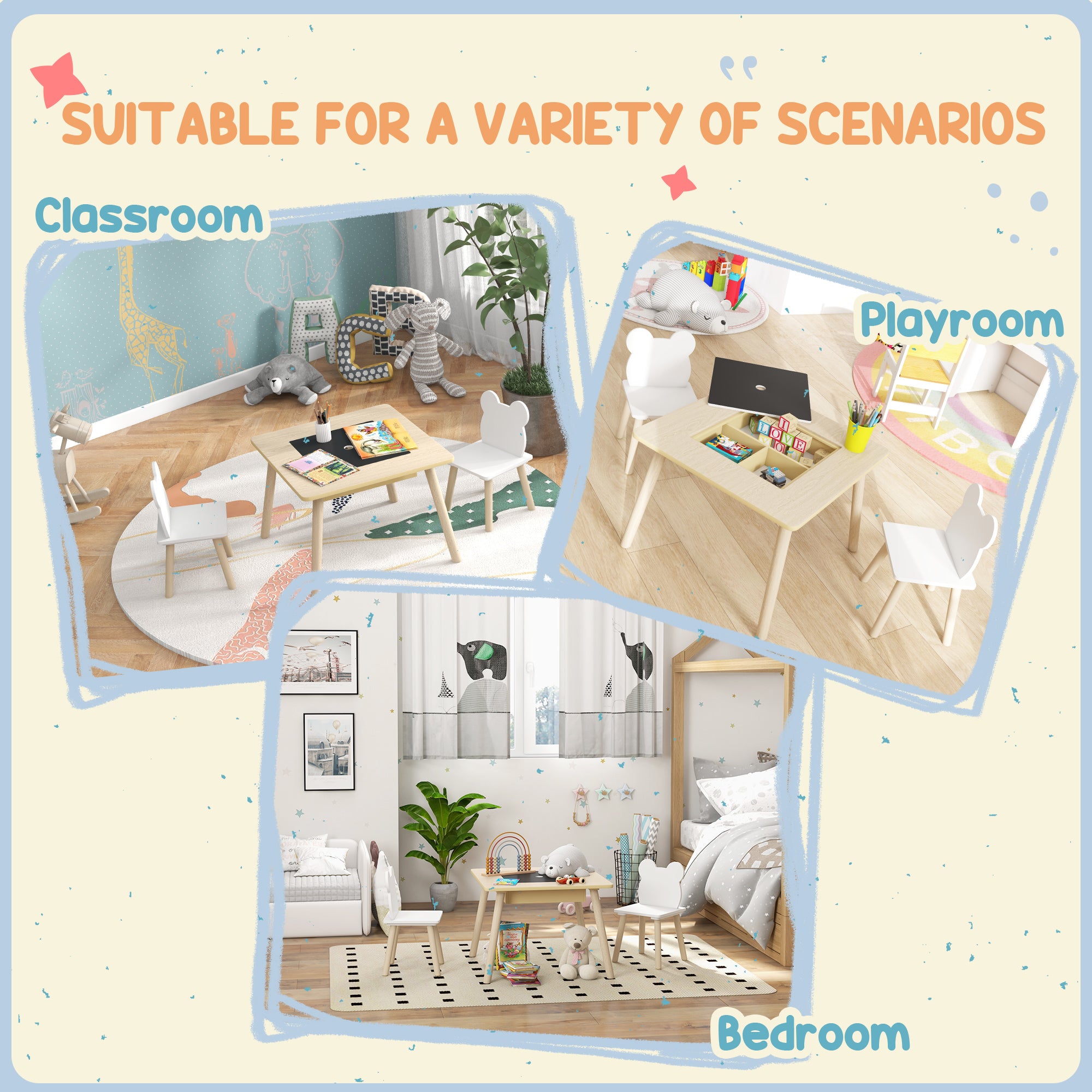 AIYAPLAY 3-Piece Kids Table and Chairs Set with Convertible Desk and Storage Grid, Kids Activity Table for Nursery, Playroom