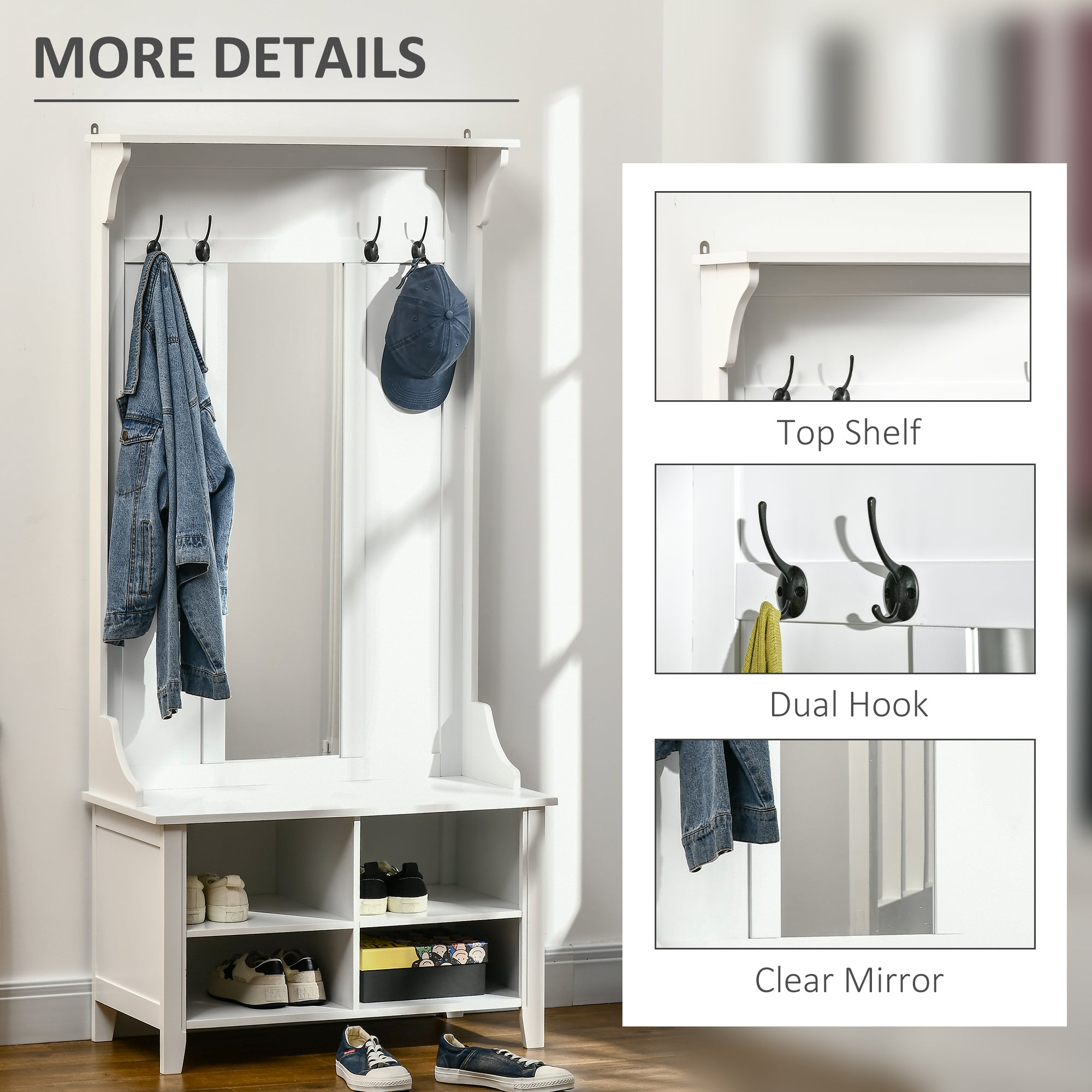 Hallway Furniture Set Shoe Bench Storage Mirror Cabinet Coat Rack Multiple Cubes Hangers Organiser Shelves w/ 4 Hooks