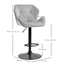 Bar Stools Set Of 2, Luxurious Velvet-Touch Barstools with Metal Frame Footrest Round Base Triangle Indenting Moulded Seat Adjustable Height Swivel Grey