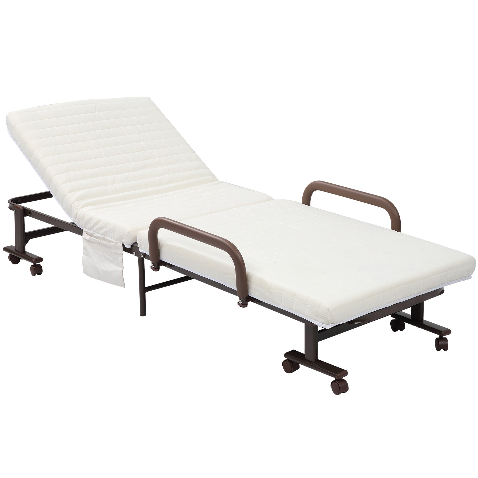 Folding Bed with Mattress, Single Guest Bed, Portable Fold Bed with Adjustable Backrest, Metal Frame on Wheels, White, 190 x 76 cm