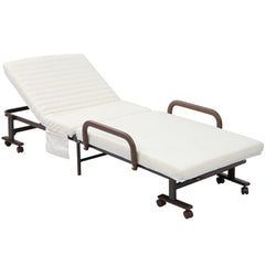 Folding Bed with Mattress, Single Guest Bed, Portable Fold Bed with Adjustable Backrest, Metal Frame on Wheels, White, 190 x 76 cm