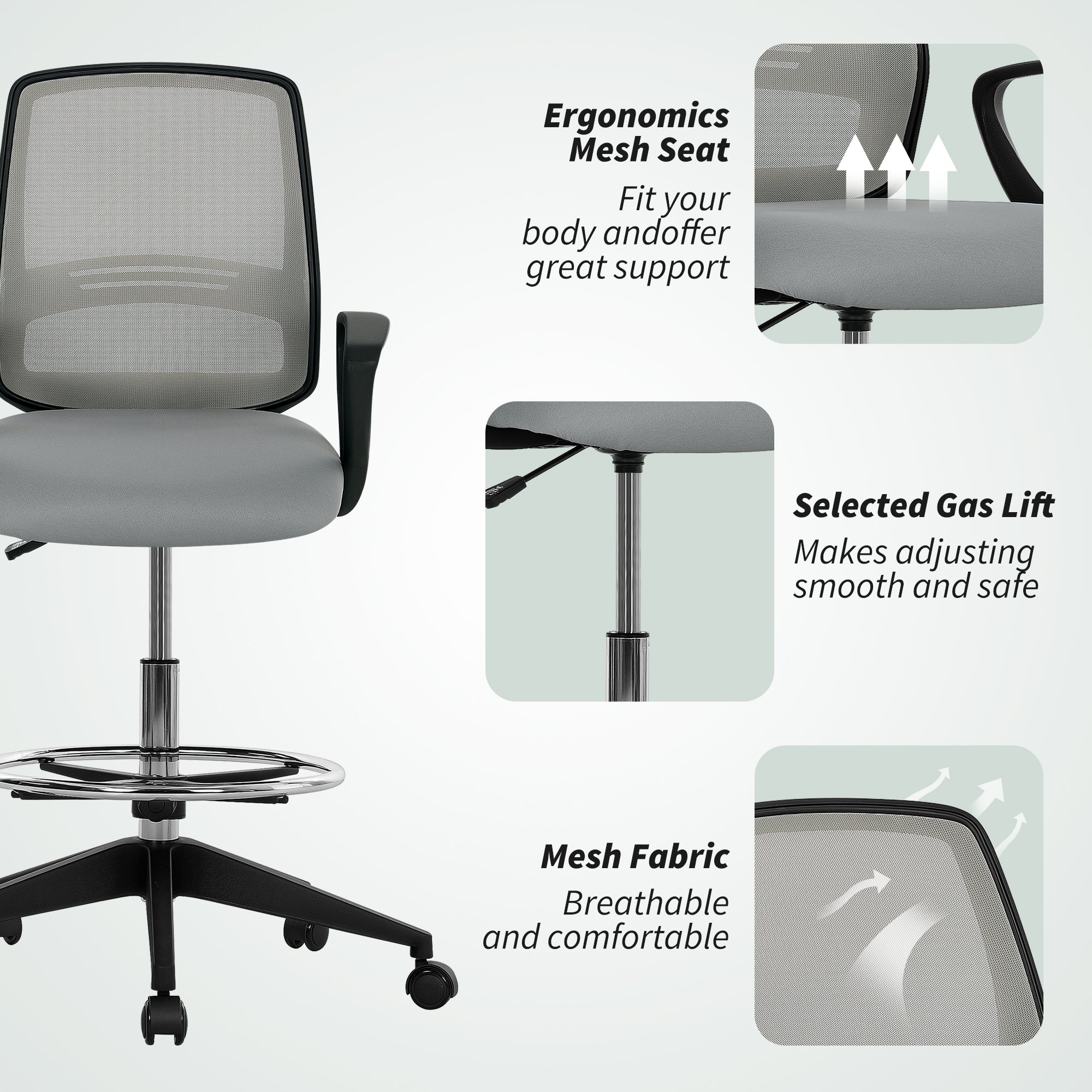 100-120cm Draughtsman Office Chair, with Footrest - Light Grey