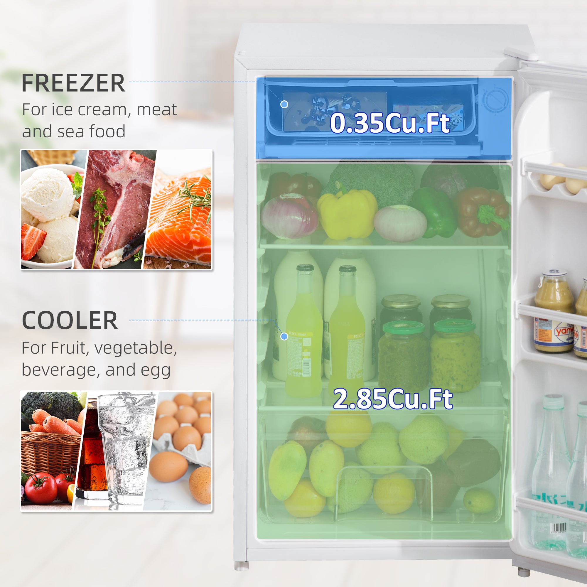 91 Litre Freestanding Under Counter Fridge Freezer, Small Fridge with Chiller Box, Adjustable Thermostat, 47.5cm Wide, White